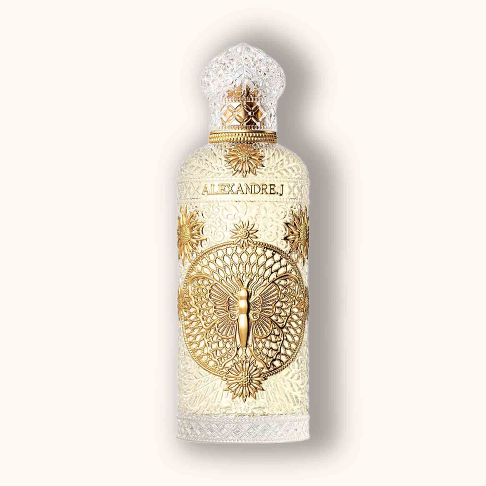 Alt text: A beautifully designed perfume bottle from Alexandre.J, featuring intricate gold butterfly and Bloemig motifs, capturing an elegant and luxurious aesthetic.