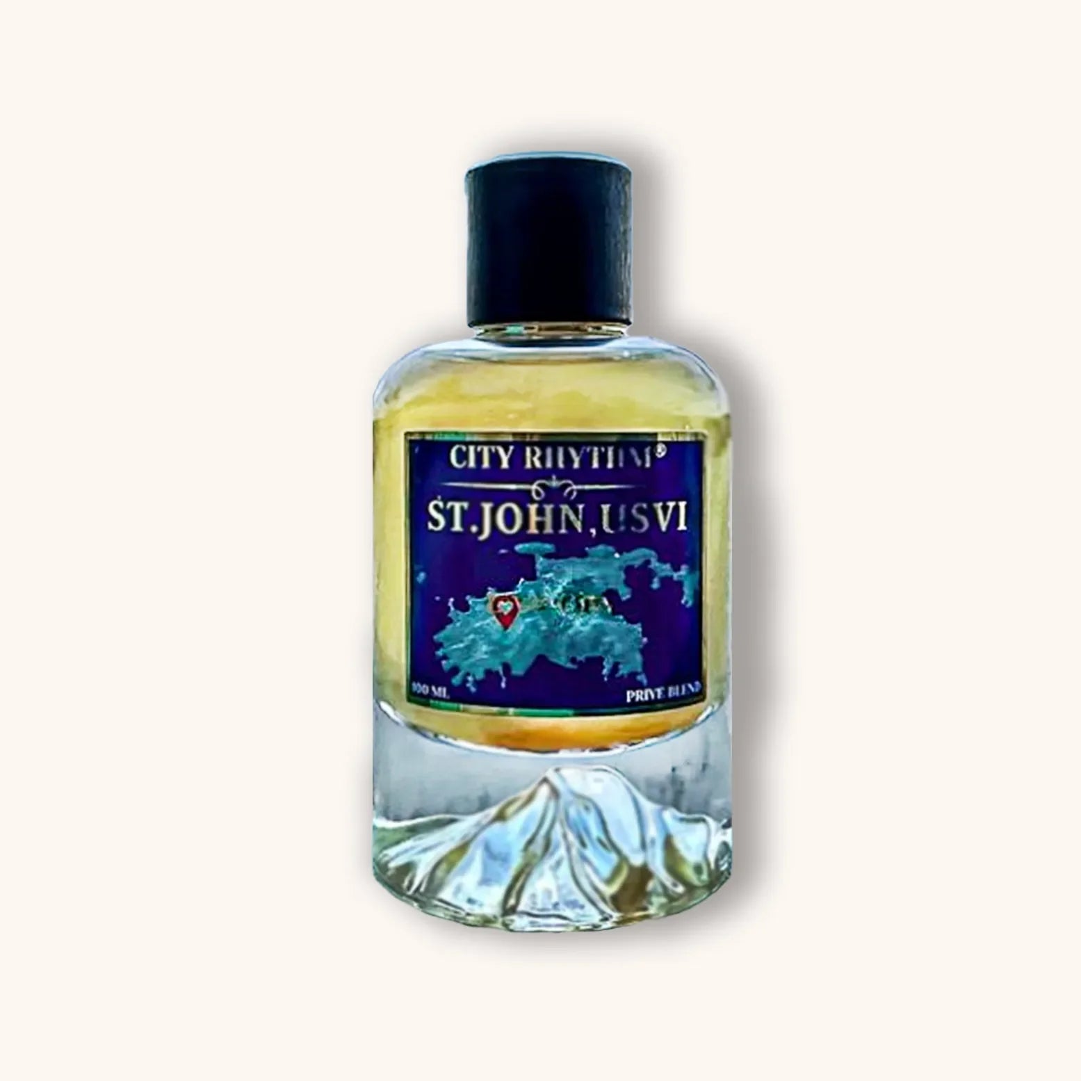 Goudkleurige flacon van City Rhythm St. John, USVI Parfum Extrait, met zwarte dop en donkerblauw etiket met kaart van de Amerikaanse Maagdeneilanden en rood harticoon.