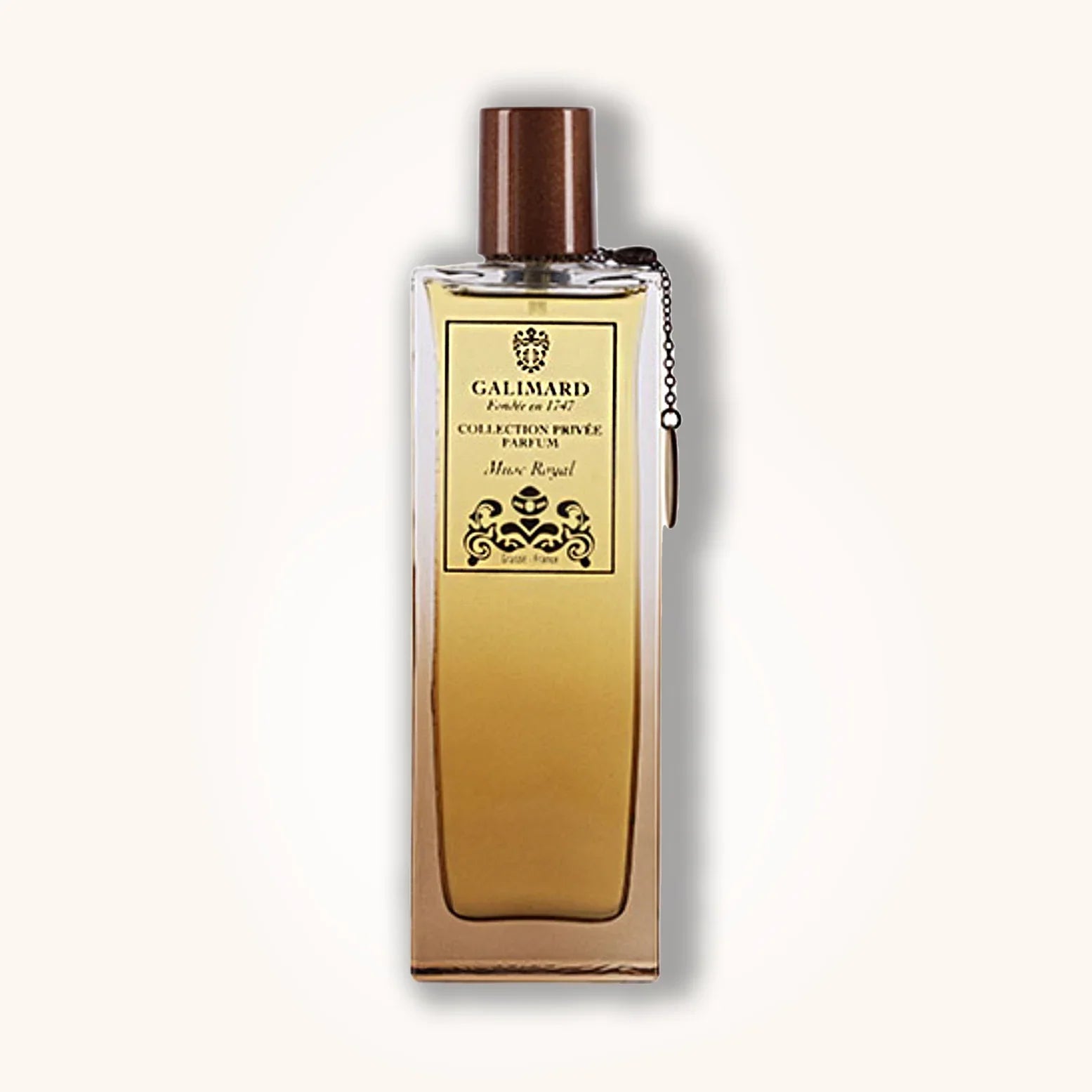 Musc Royal by Galimard in a golden-toned perfume bottle with brown cap and black decorative label from the Collection Privée series.