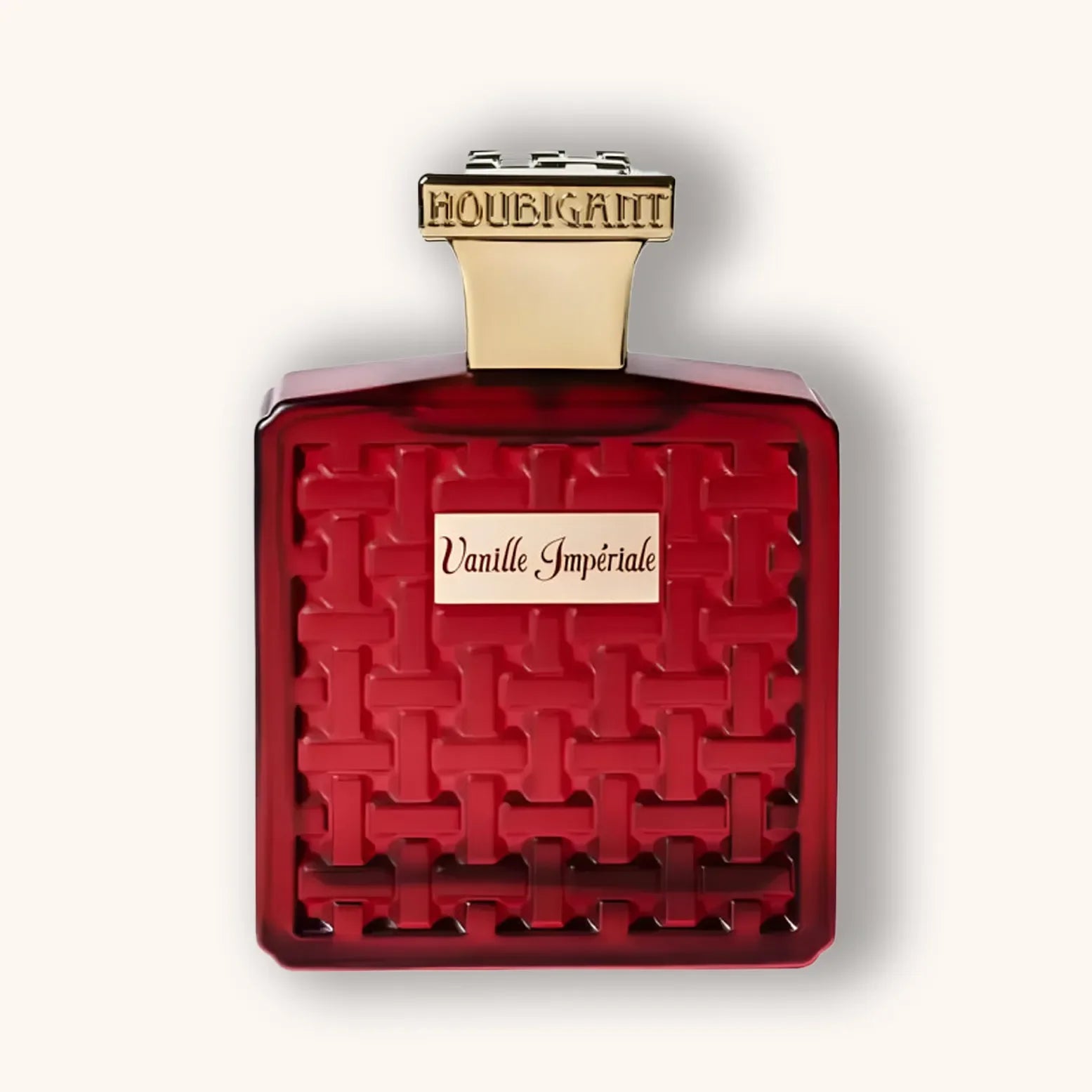 A rich red bottle of Houbigant Vanille Imperiale perfume, featuring a textured design and an elegant gold cap, exuding luxury and sophistication. The label prominently displays the name "Vanille Imperiale."