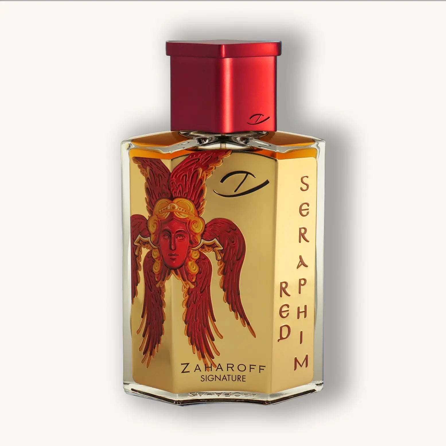 Zaharoff Signature Seraphim Red parfumfles met rode dop en een goude fles met rode engel-illustratie met rode inscriptie de naam,, een unieke geur die maritieme frisheid en warme ambernoten combineert.