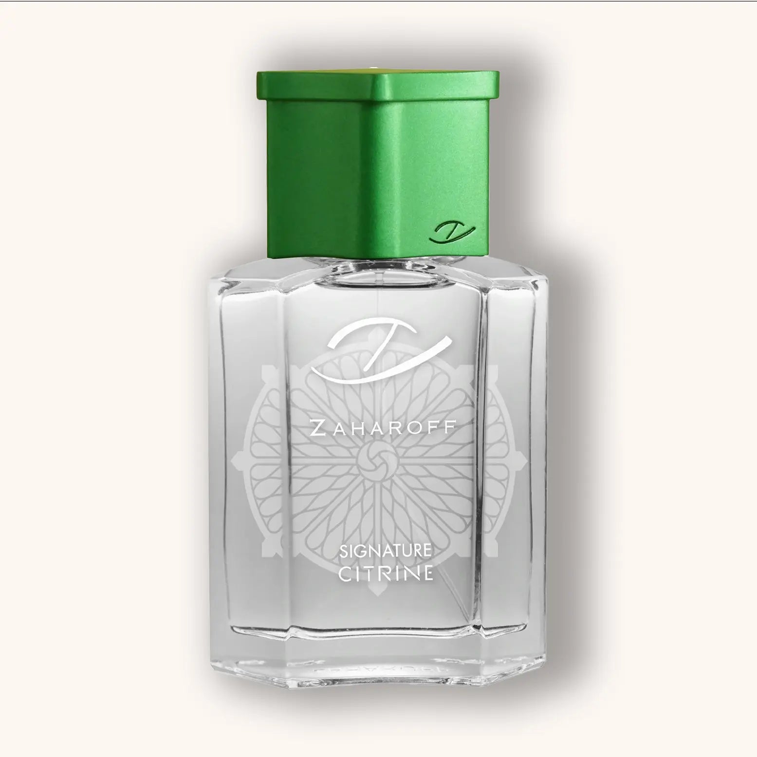 Zaharoff Signature Citrine parfumfles met groene dop en transparante flacon voorzien van een sierlijk citroenachtig patroon, frisse en citrusachtige geur.