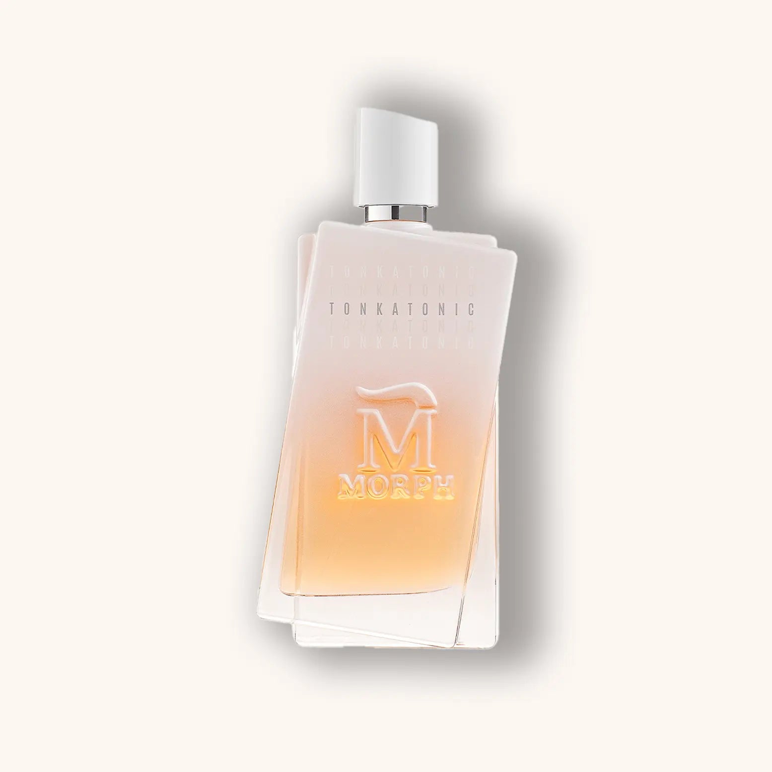 Alt text: A sleek, modern bottle of Morph Tonkatonic perfume with a gradient design that transitions from transparent to soft orange, featuring the brand logo prominently displayed.
