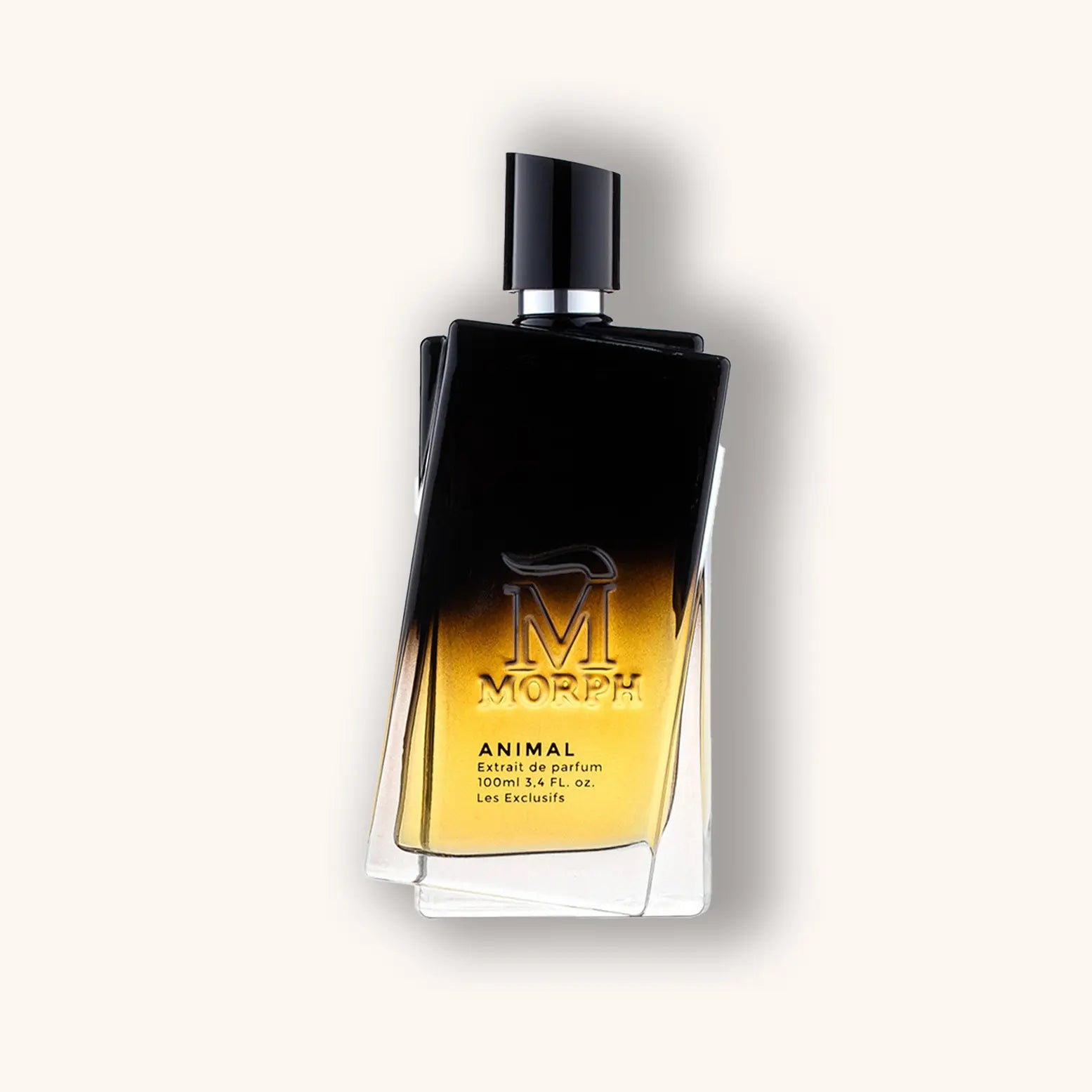 Alt text: A sleek black and gold bottle of Morph Animal perfume, featuring a modern design with the brand's logo prominently displayed. The fragrance is presented in an elegant glass container that blends sophistication with a touch of boldness.