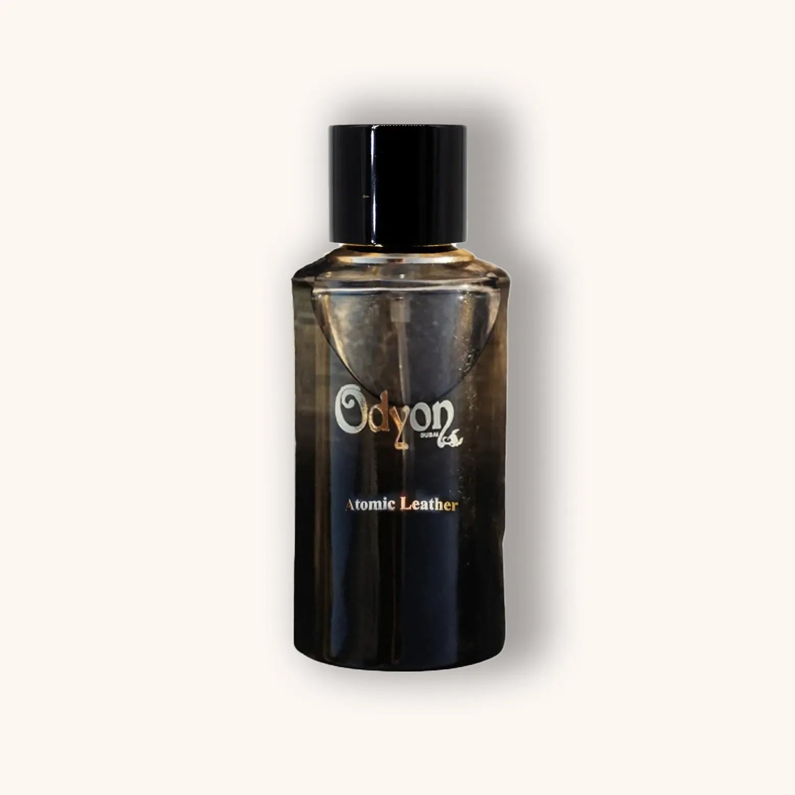 Alt text: Odyon Dubai Atomic Leather is a sleek black perfume bottle featuring elegant branding, exuding a sophisticated and luxurious fragrance experience.