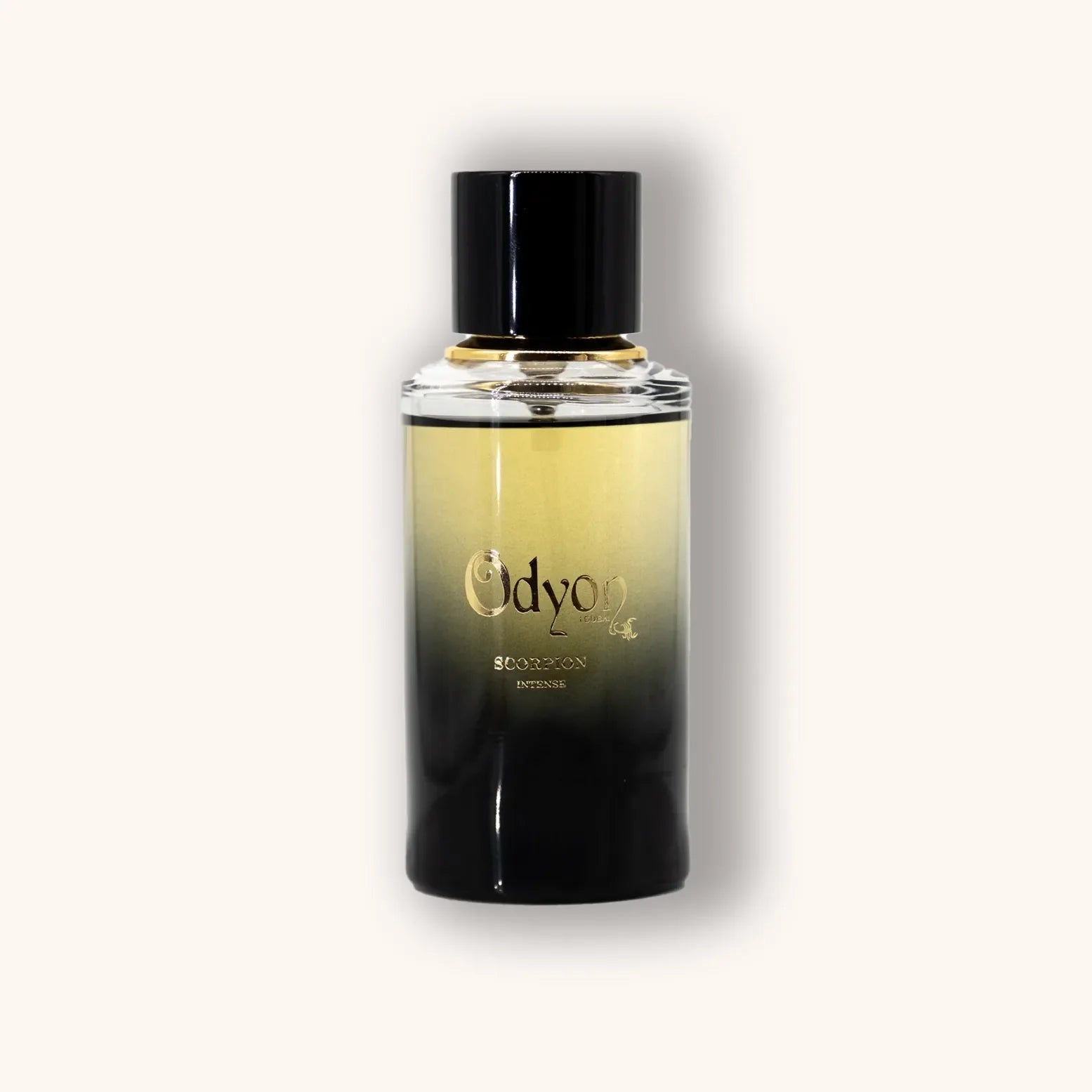Alt text: "Odyon Dubai Scorpion Intense fragrance bottle featuring a sleek design with an ombre effect from gold to black, showcasing its luxurious appeal."