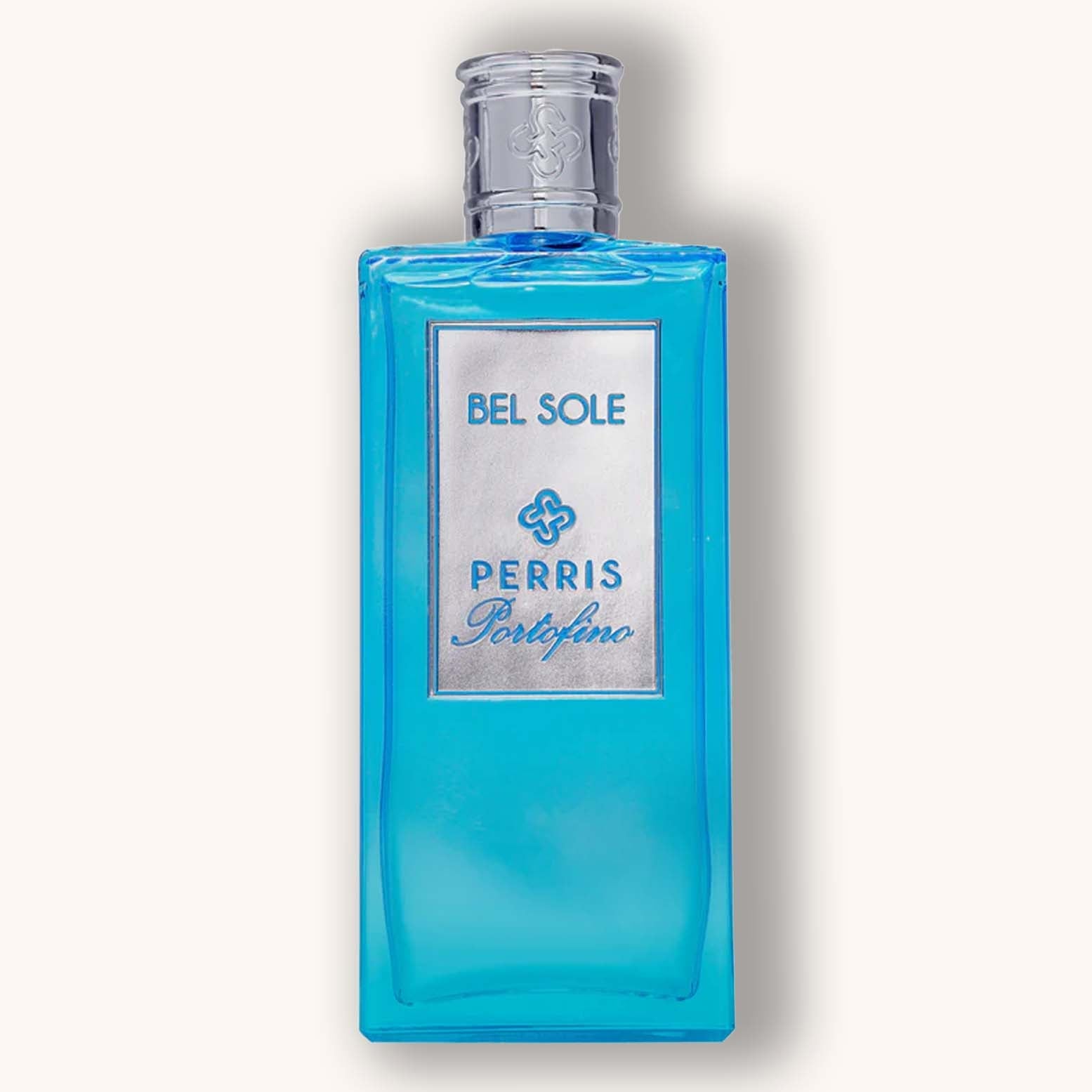 A vibrant blue bottle of Perris Portofino Bel Sole perfume, featuring a sleek rectangular design and an elegant silver label with the brand name. The refreshing scent evokes a sense of luxury and sophistication.