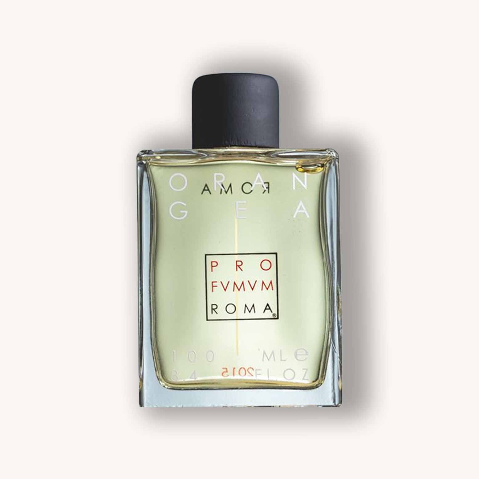 Alt text: "Bottle of Profumum Roma Orangea, a Bloemig and citrus fragrance, presented in a sleek clear glass design with a black cap. The label features the brand name and product details in a minimalist style."