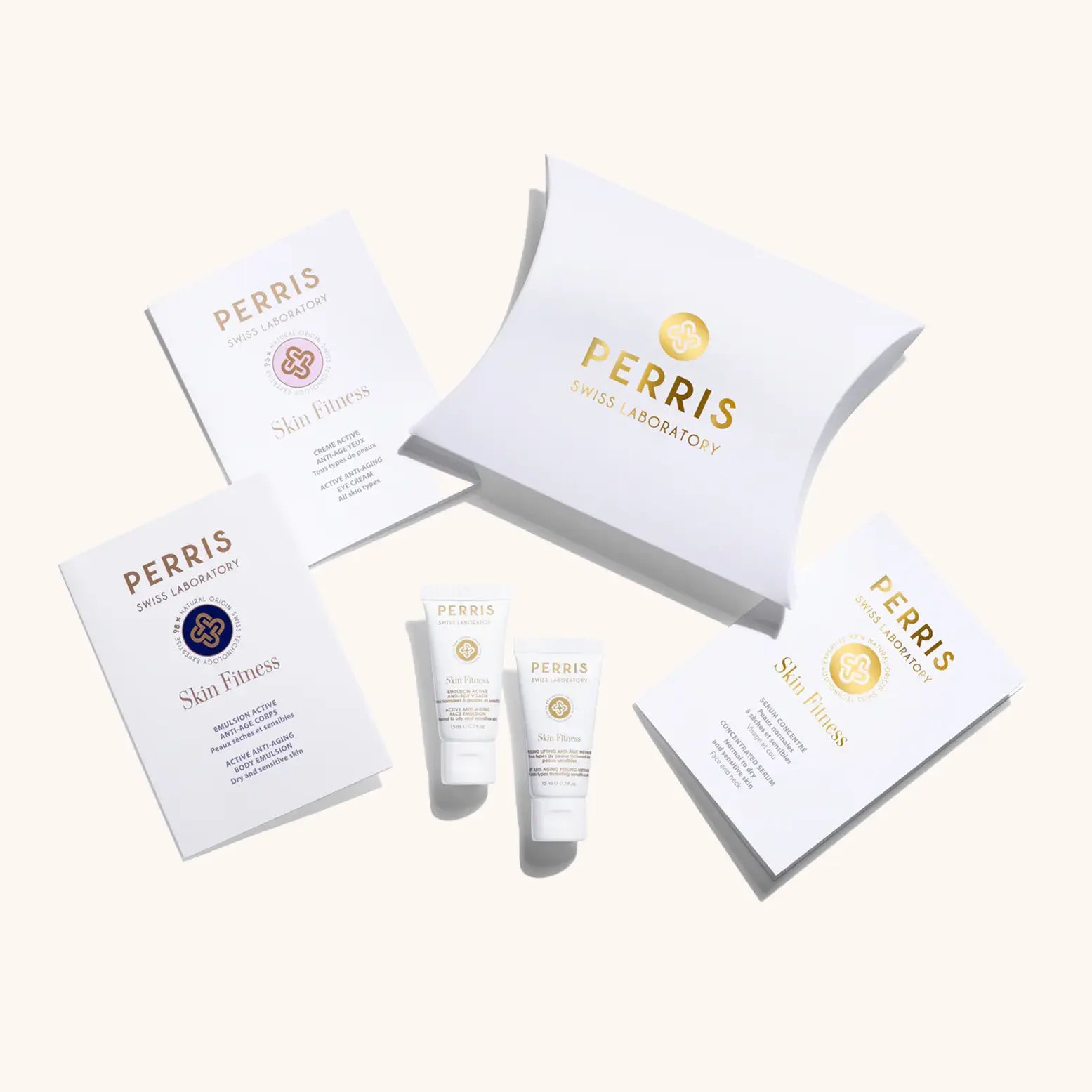Alt text: "Perris Swiss Laboratory Discovery Kit for Combination Skin featuring two mini Natuurlijke Skincare tubes and informative leaflets, all presented in an elegant packaging."