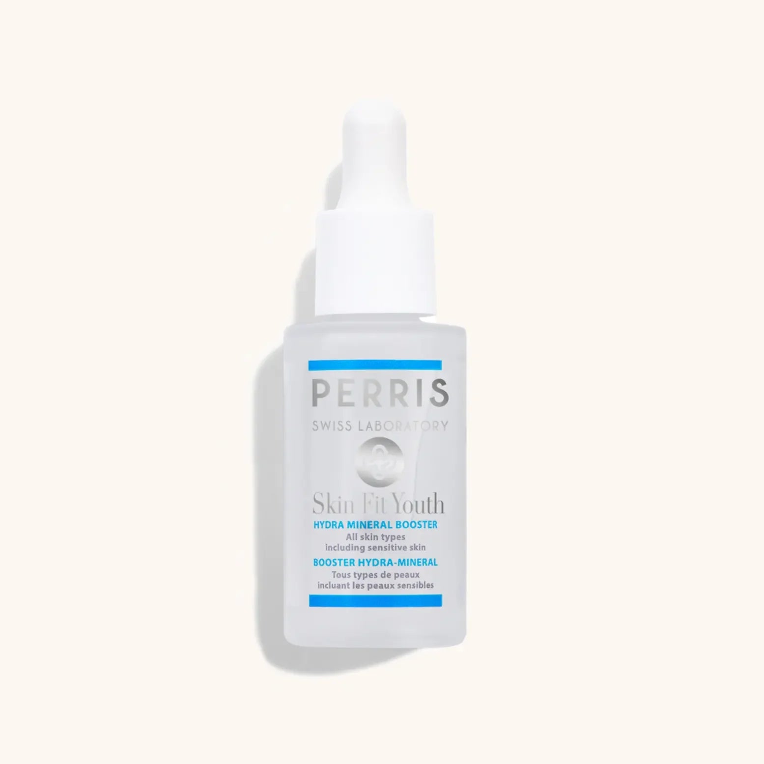 Alt text: A clear dropper bottle of Perris Swiss Laboratory Hydra Mineral Booster, featuring a simple, elegant design with blue and white labeling, ideal for enhancing skin hydration.