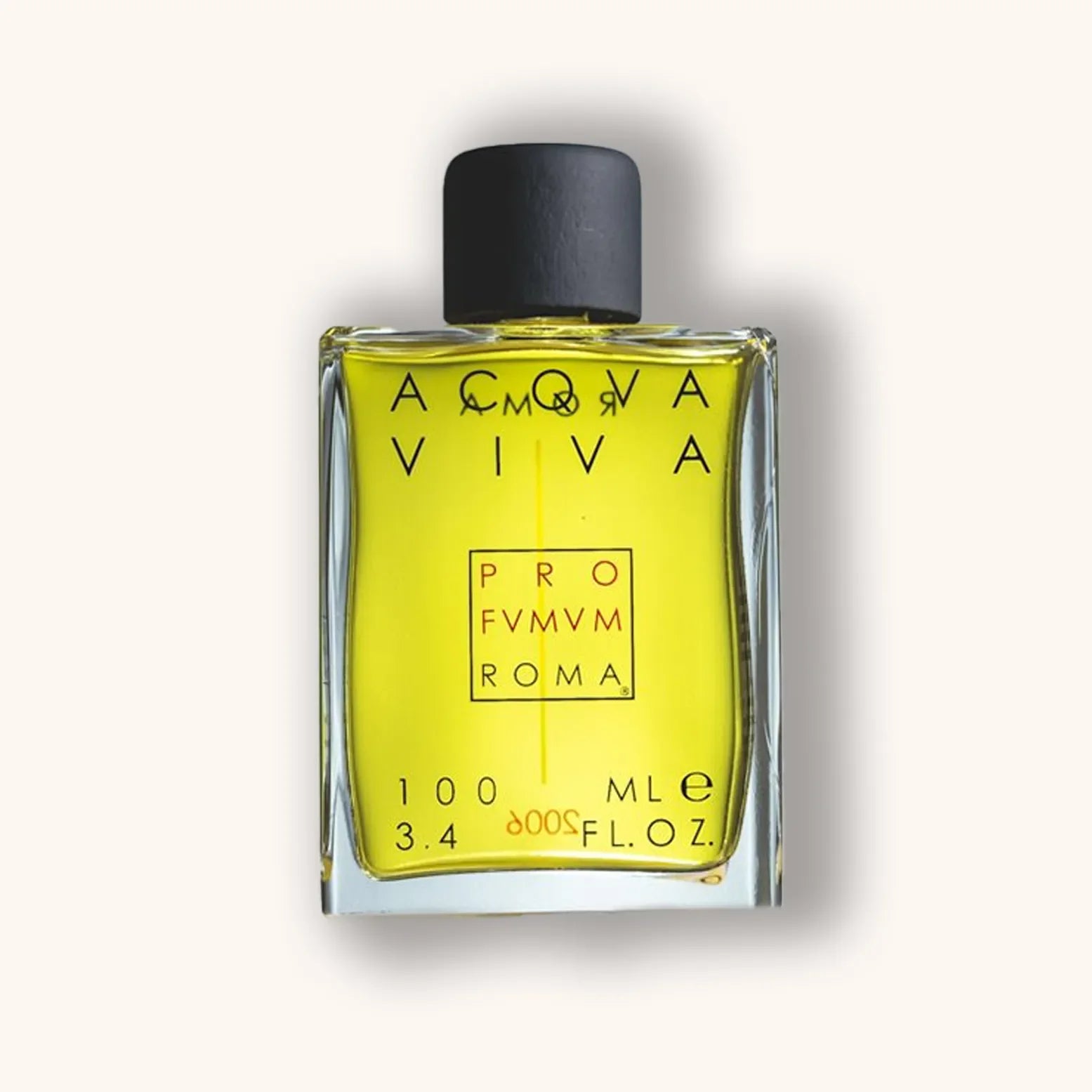 Alt text: A sleek glass bottle of Profumum Roma Acqua Viva, featuring a vibrant yellow fragrance, labeled with bold black lettering, and a black cap. The bottle contains 100 mL (3.4 fl. oz.) of the perfume.