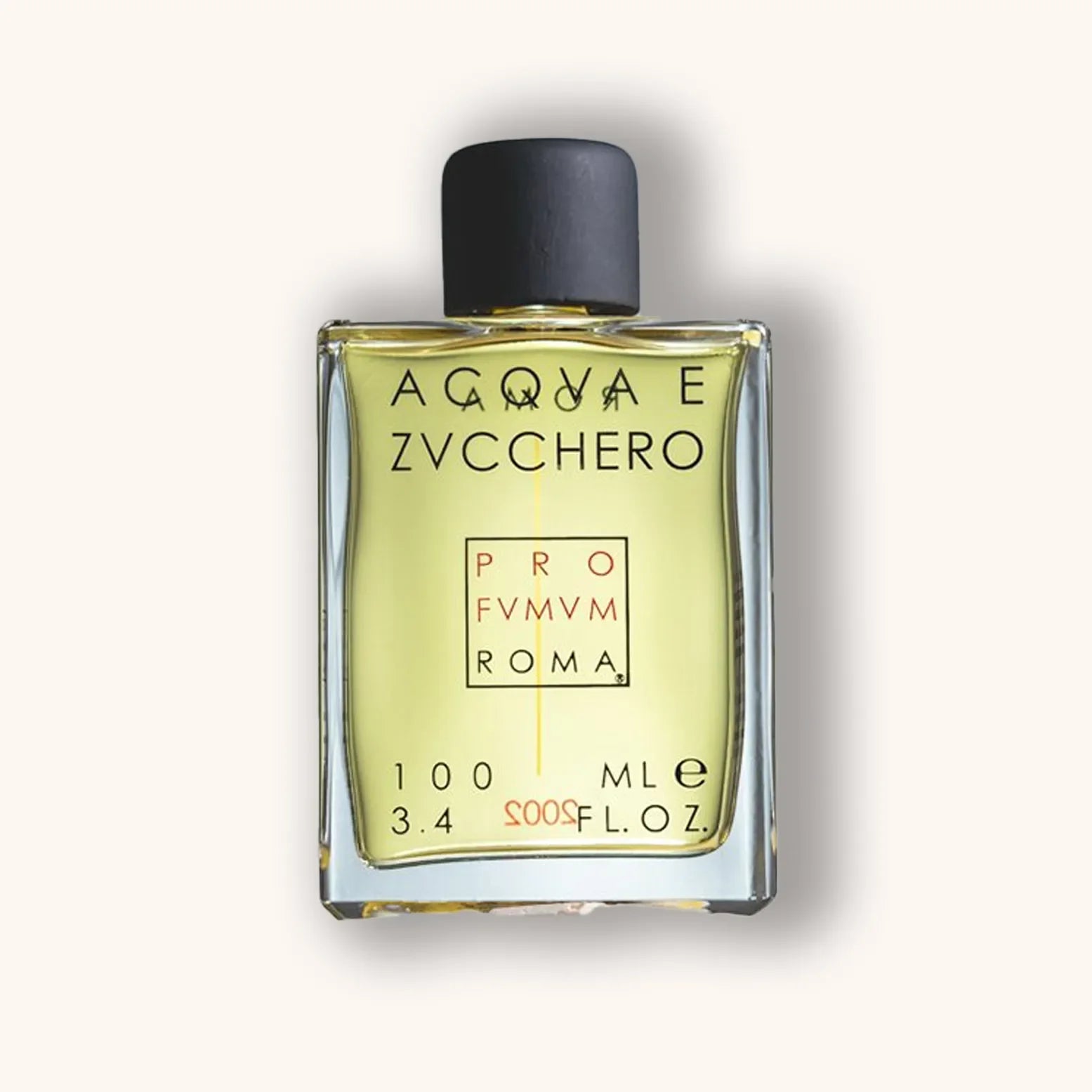Alt text: A clear glass bottle of Profumum Roma Acqua e Zucchero, featuring a sleek design with a black cap and minimalist labeling, containing 100 mL of fragrance.