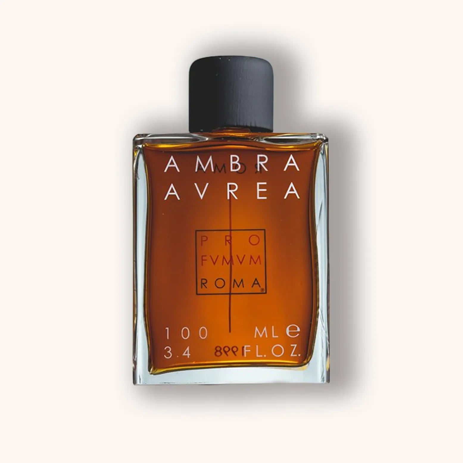 Alt text: A sleek glass bottle of Profumum Roma Ambra Aurea, containing a warm amber-colored fragrance, with a minimalist design featuring bold typography and a black cap.