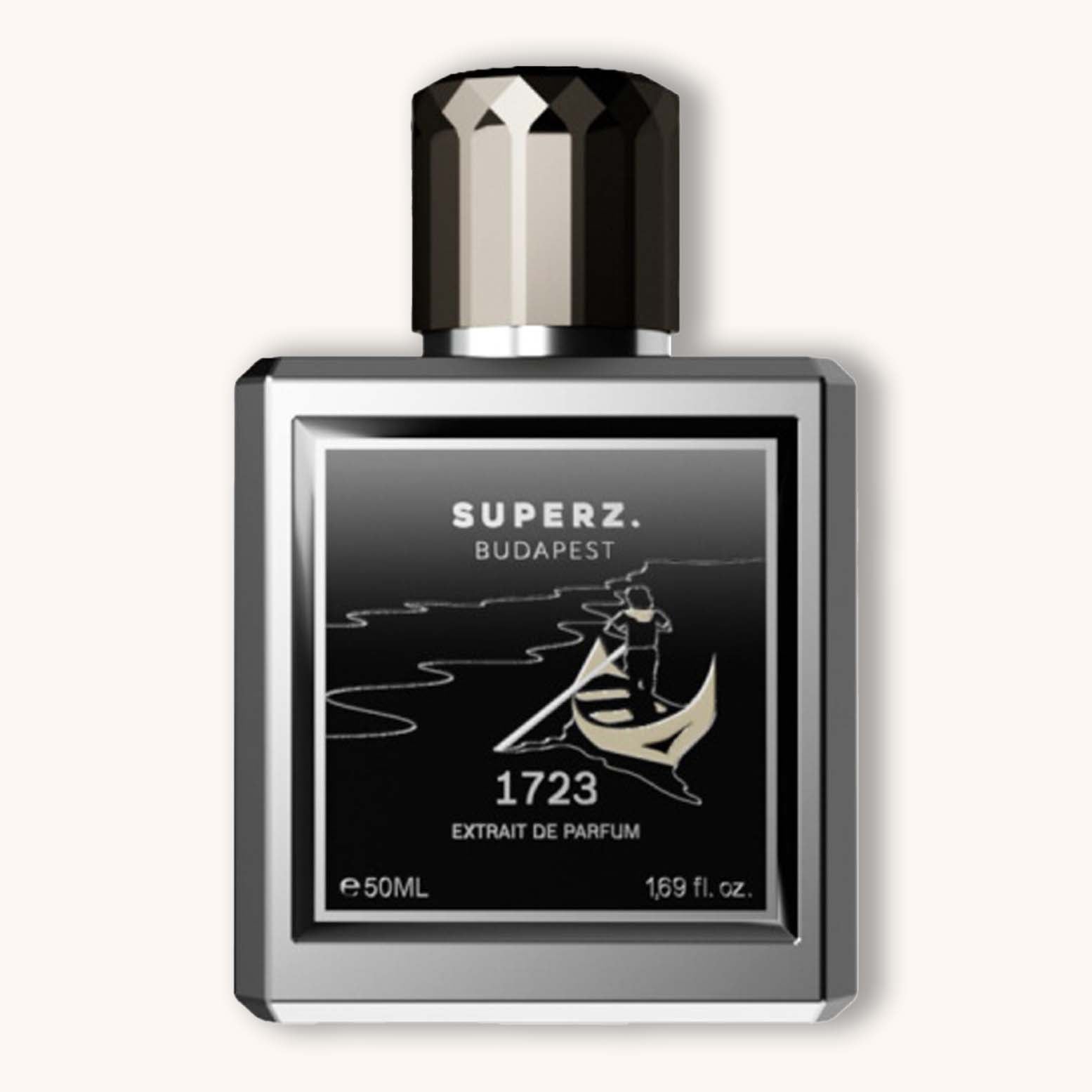 A sleek, silver and black bottle of Superz 1723 Extrait de Parfum, featuring a minimalist design with an artistic boat graphic. The bottle holds 50ml of the fragrance.