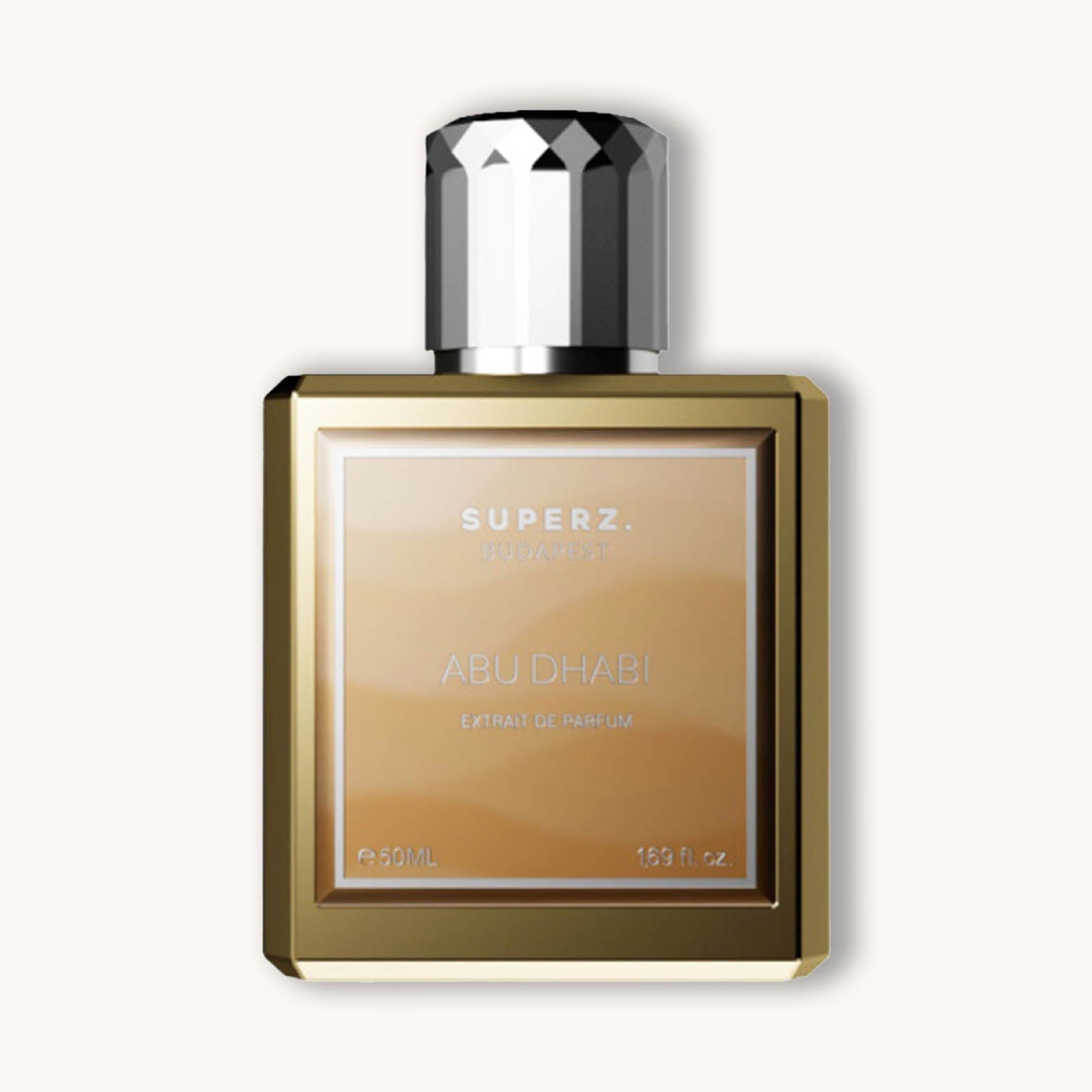 A luxurious fragrance bottle of 'Superz Abu Dhabi', featuring an elegant golden design and a classic cap. The bottle contains 50ml of extrait de parfum.