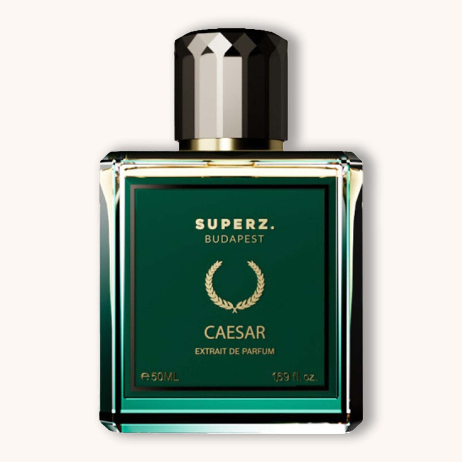 Alt text: A sleek green perfume bottle labeled "Superz Caesar," featuring a black cap and gold accents. The bottle contains 50 mL of extrait de parfum.