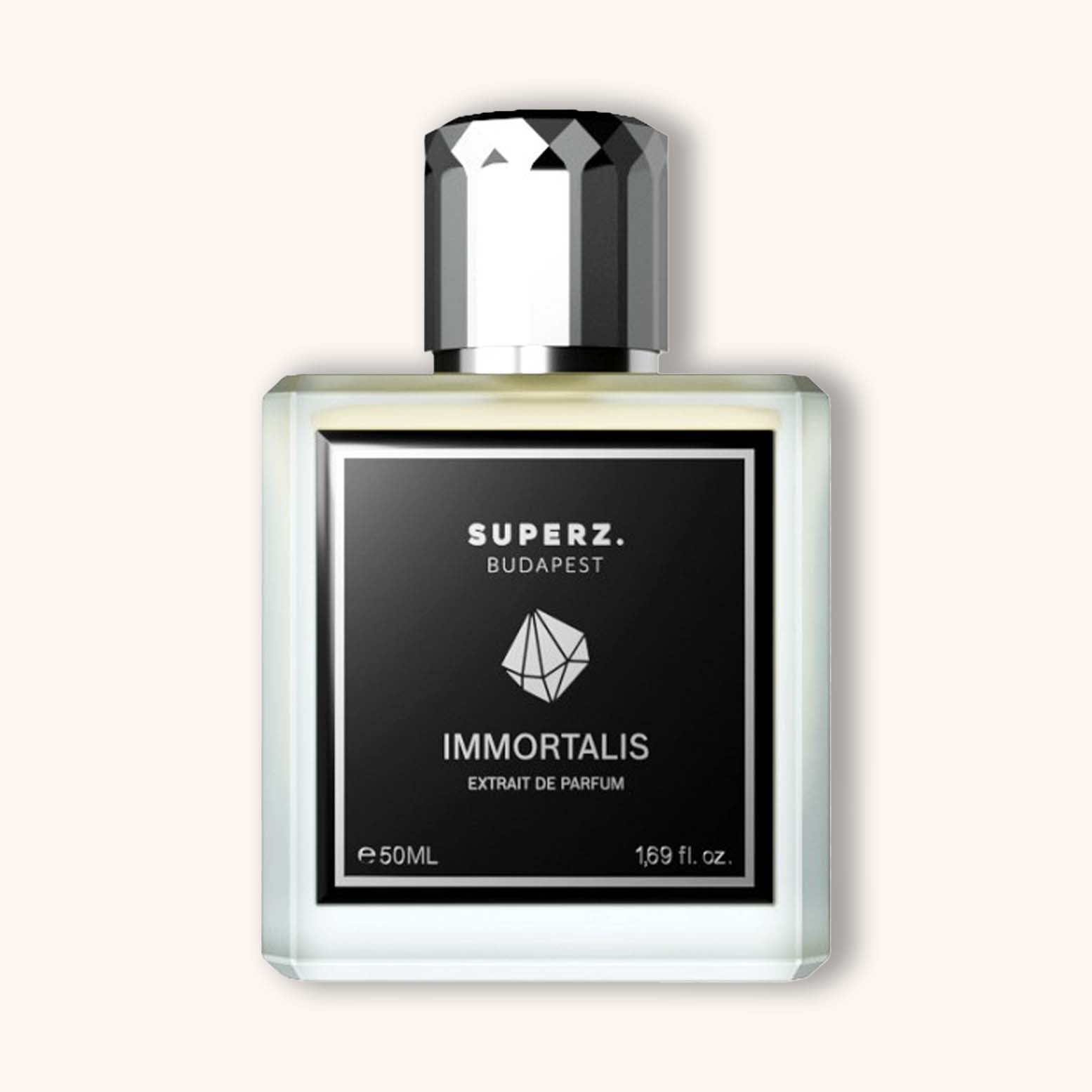 Alt text: A sleek glass bottle of Superz Immortalis perfume, featuring a stylish black label with a diamond logo, containing 50ml of fragrant extrait de parfum.
