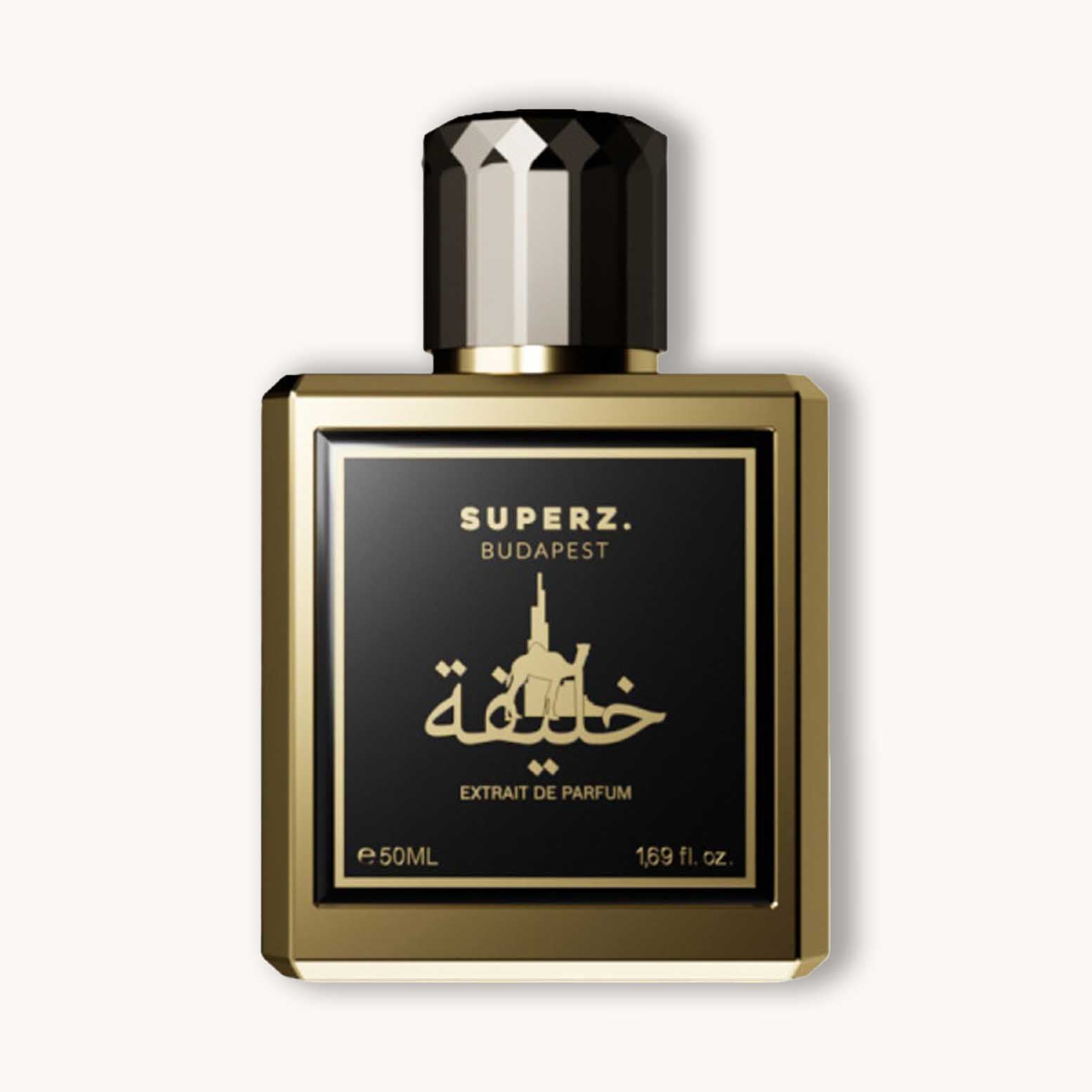 Alt tag: A luxurious black and gold perfume bottle labeled 'Superz Khalifa' with a sleek design, featuring a prominent cap and elegant typography. The bottle contains 50ml of extrait de parfum.