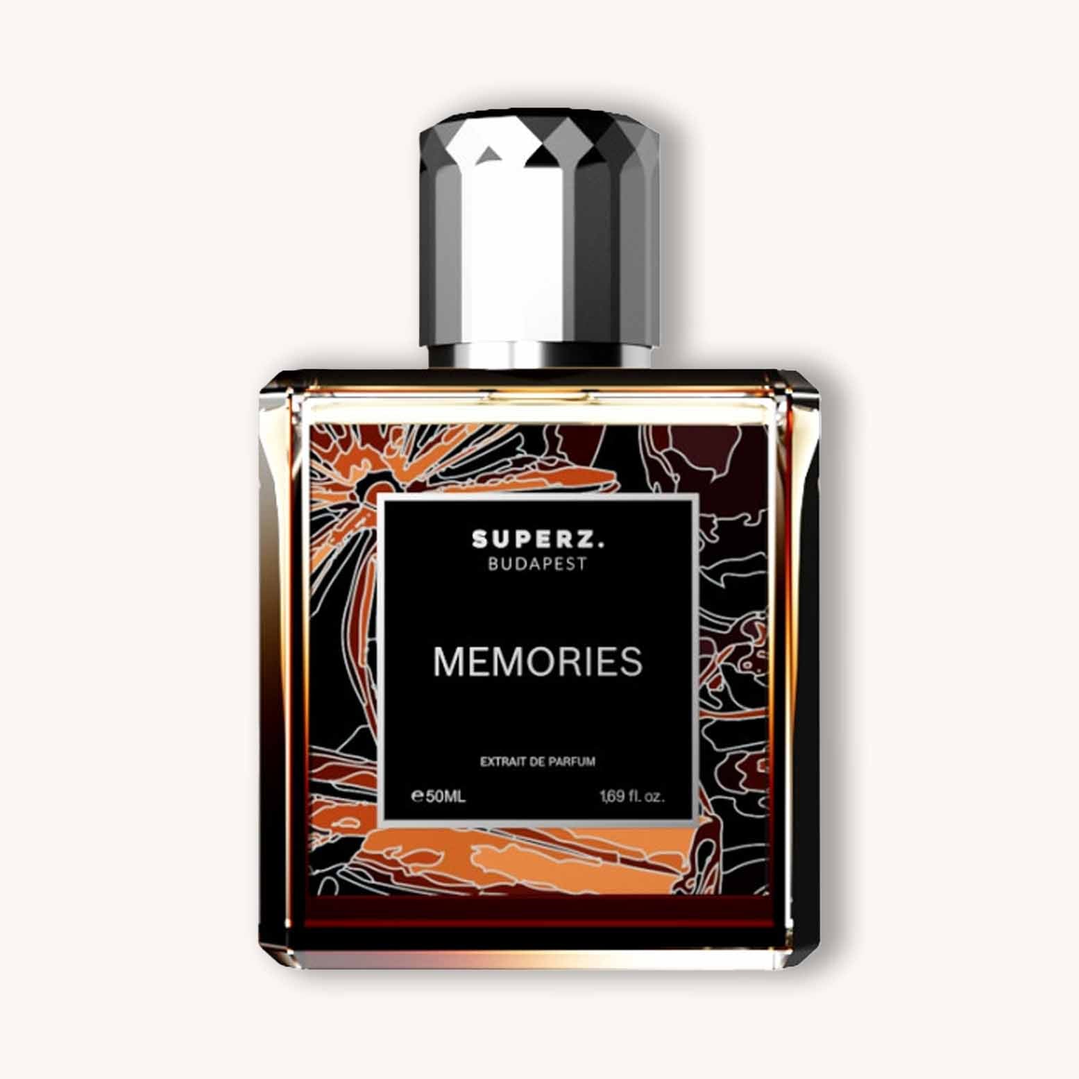 Alt text: A stylish 50ml perfume bottle labeled "Superz Memories" featuring an elegant design with Bloemig accents. The bottle has a distinctive geometric cap and a luxurious appearance.