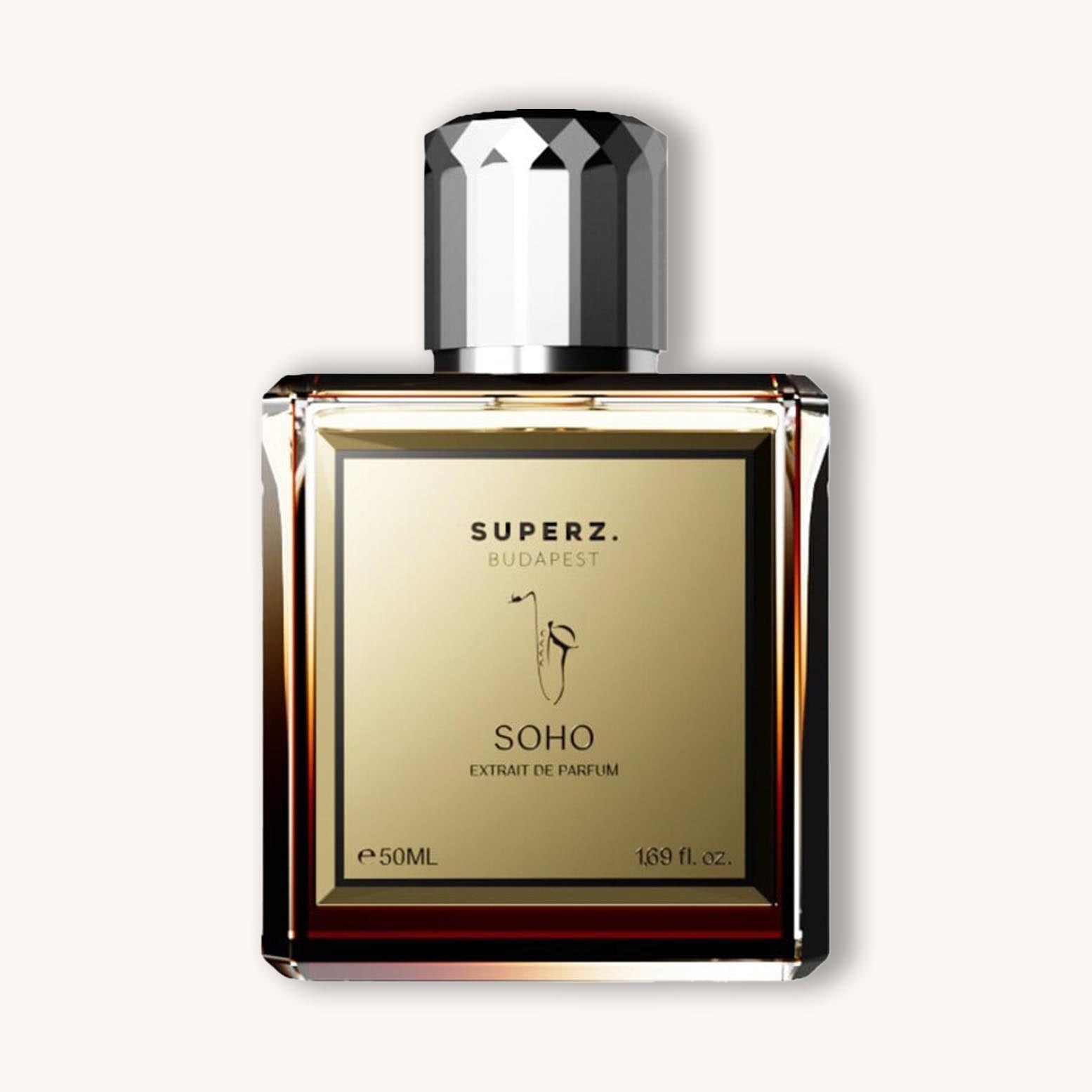 Alt text: A luxurious 50ml bottle of 'Superz Soho' fragrance, featuring a sleek design with a golden label and a faceted cap. The bottle is elegantly displayed against a soft cream background.