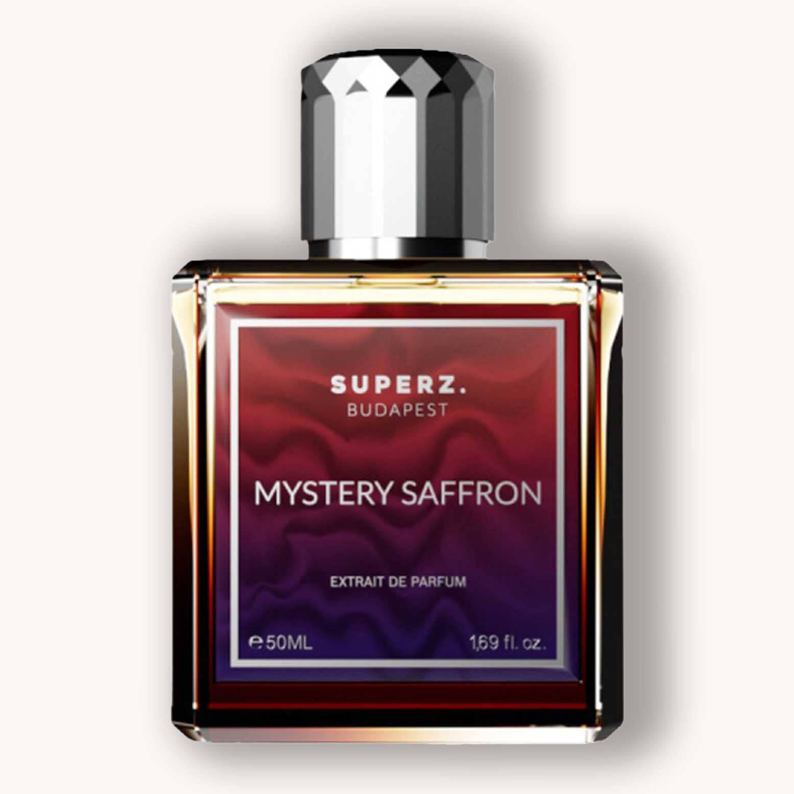 Alt text: A sleek glass perfume bottle of Superz Mystery Saffron, featuring a dark red and gold label with an elegant design, containing 50ml of extrait de parfum.