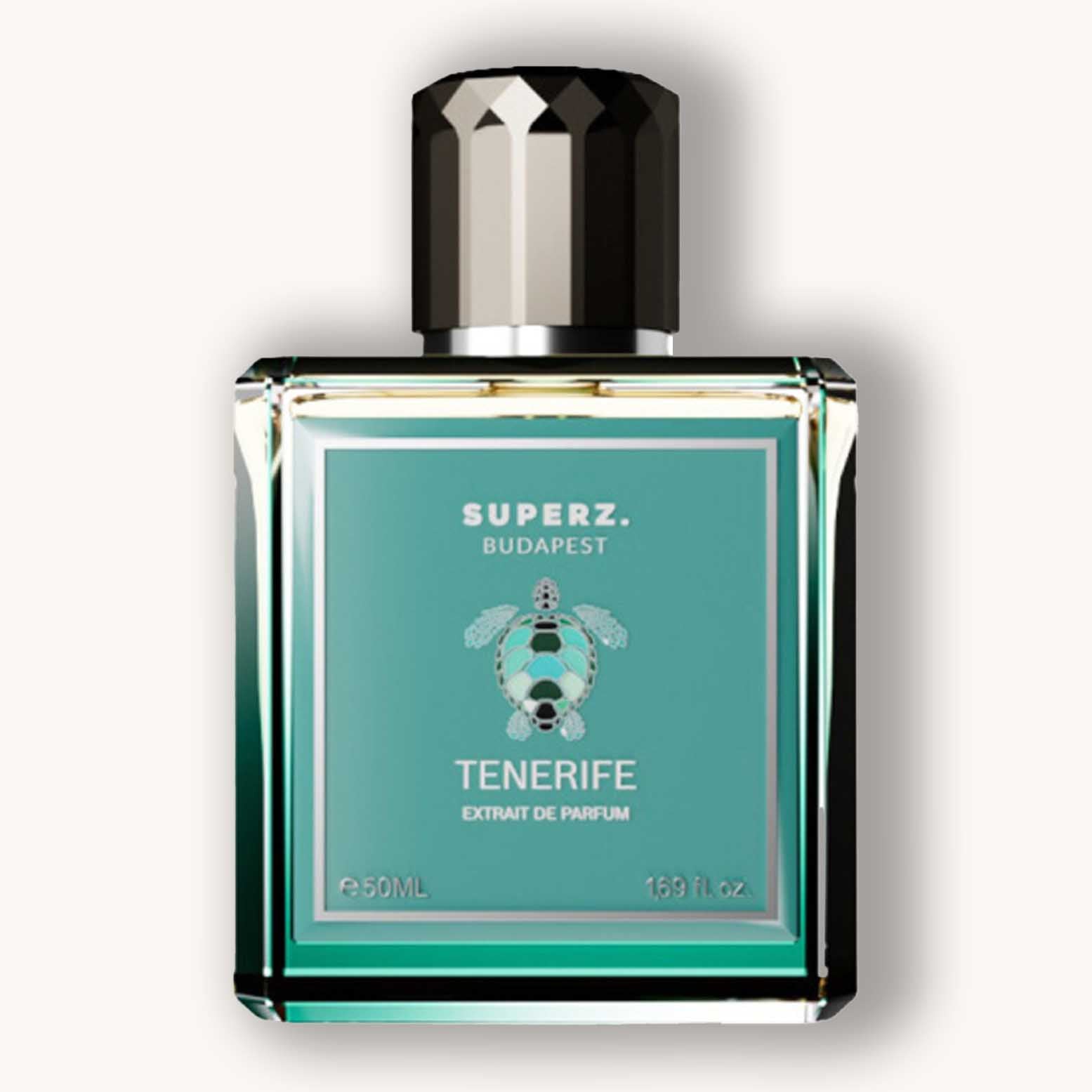 Alt text: A stylish teal perfume bottle labeled "Superz Tenerife," featuring an illustration of a turtle and set against a light background. The bottle holds 50ml of extrait de parfum.