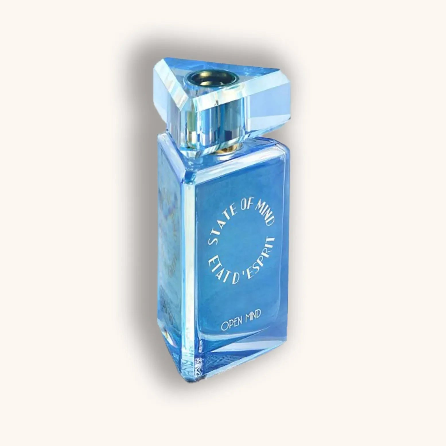 A sleek, blue perfume bottle labeled "State of Mind Open Mind," featuring a distinctive geometric cap and a minimalist design. The luminous bottle exudes a fresh and inviting aesthetic.