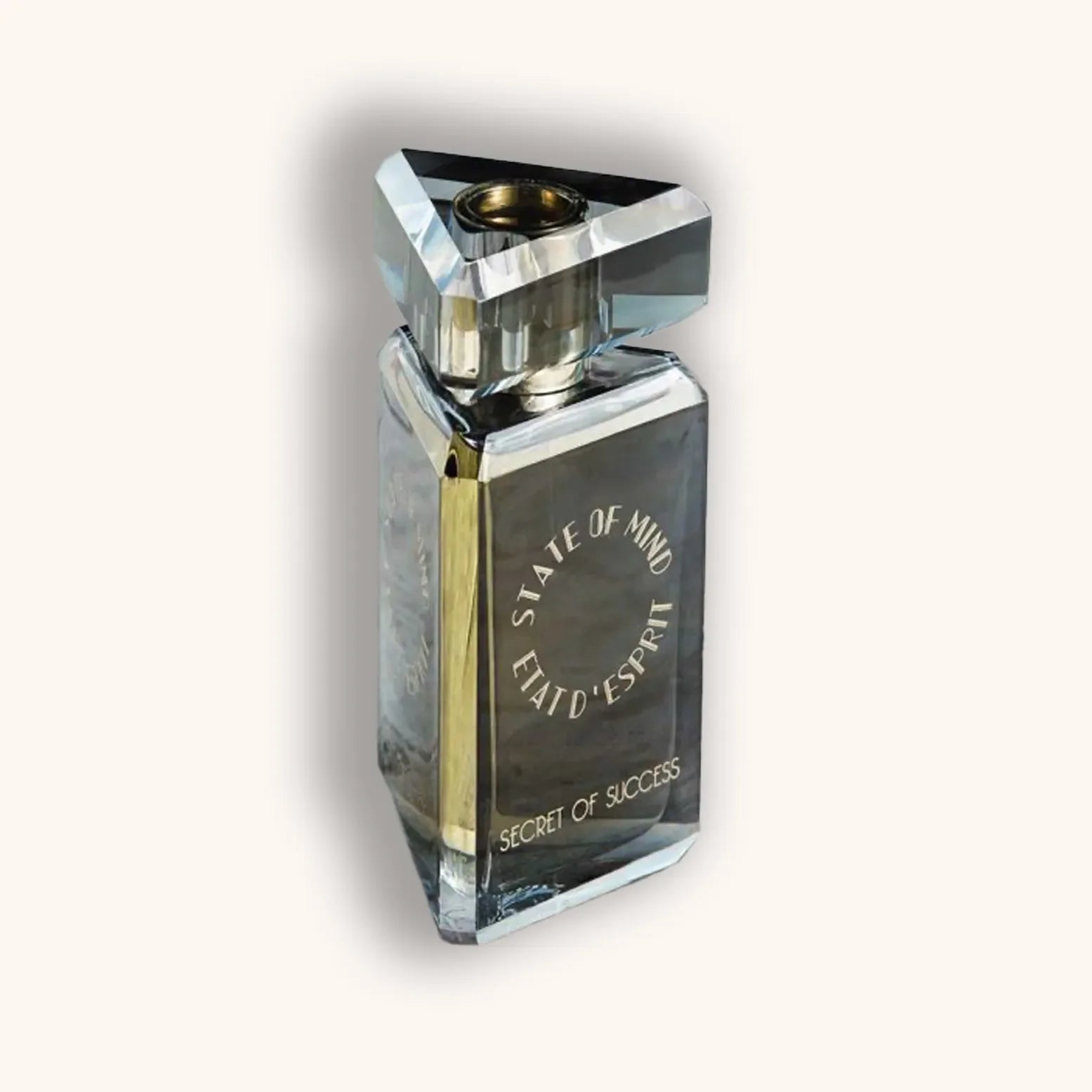 Alt text: A sleek, crystal perfume bottle labeled "State of Mind Secret of Success," featuring an elegant geometric design and a gold accent, emphasizing sophistication and allure.