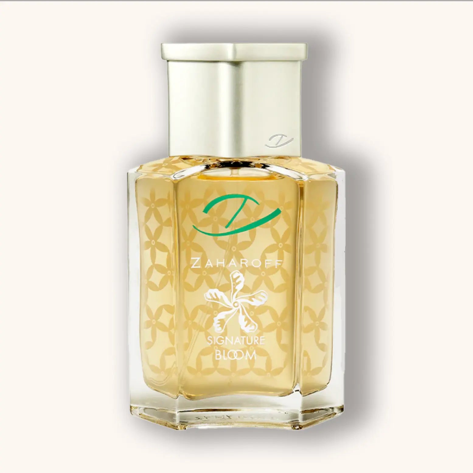 Luxe parfumfles van Zaharoff Signature Bloom met bloemmotief en zilveren dop, ideaal voor liefhebbers van verfijnde bloemengeuren.