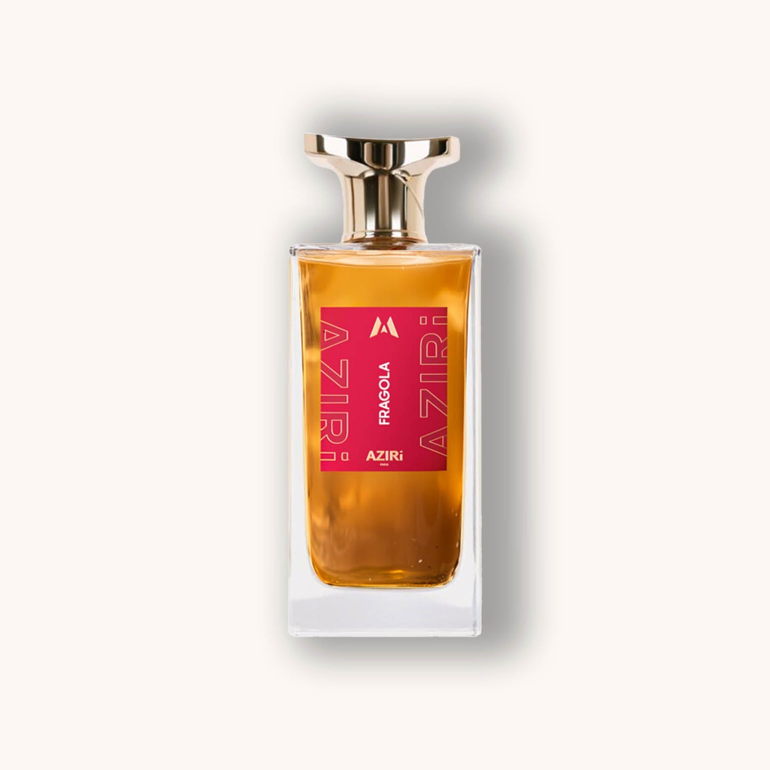 Alt text: A sleek glass perfume bottle of Aziri Paris Fragola, featuring a bold pink label with white text and a stylish gold cap. The amber liquid inside glows softly, highlighting the elegant design.