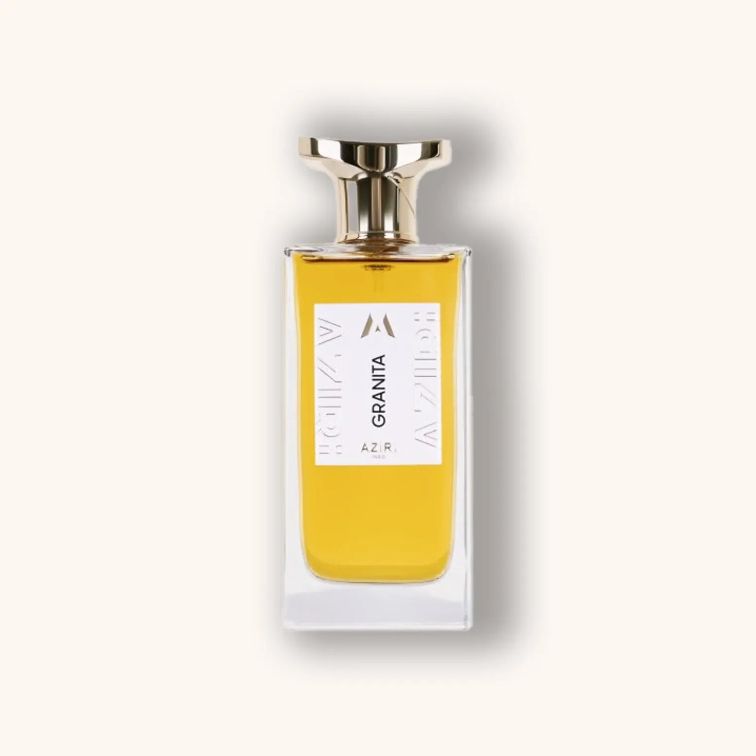 A bottle of Aziri Paris Granita perfume featuring a sleek design with a gold cap and a transparent glass container showcasing the golden liquid inside. The label prominently displays the name "Granita" alongside the brand "Aziri."