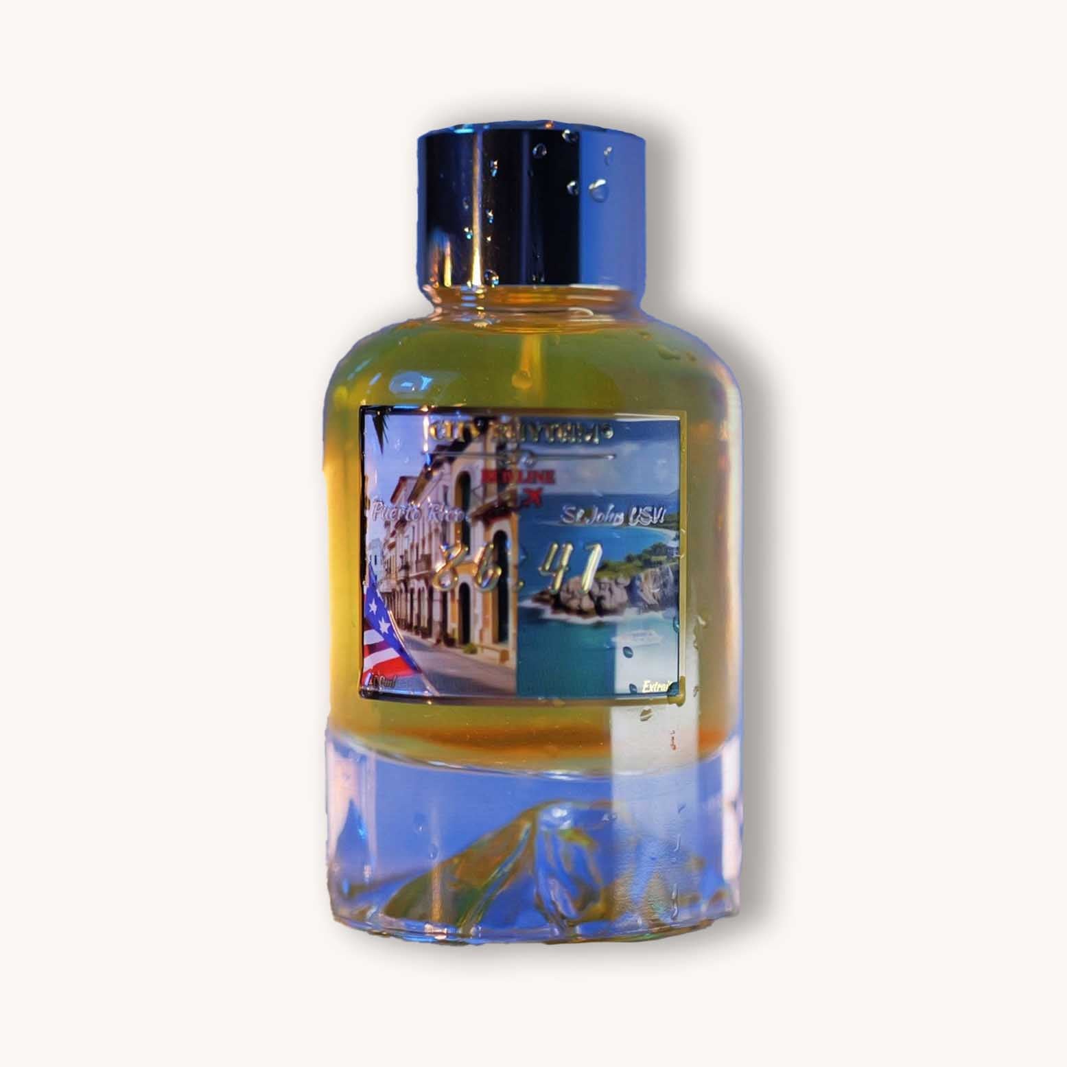 Afbeelding van een parfumfles van City Rhythm met de geur “86.41”, voorzien van een kleurrijk etiket met beelden van Puerto Rico en St. John USVI.