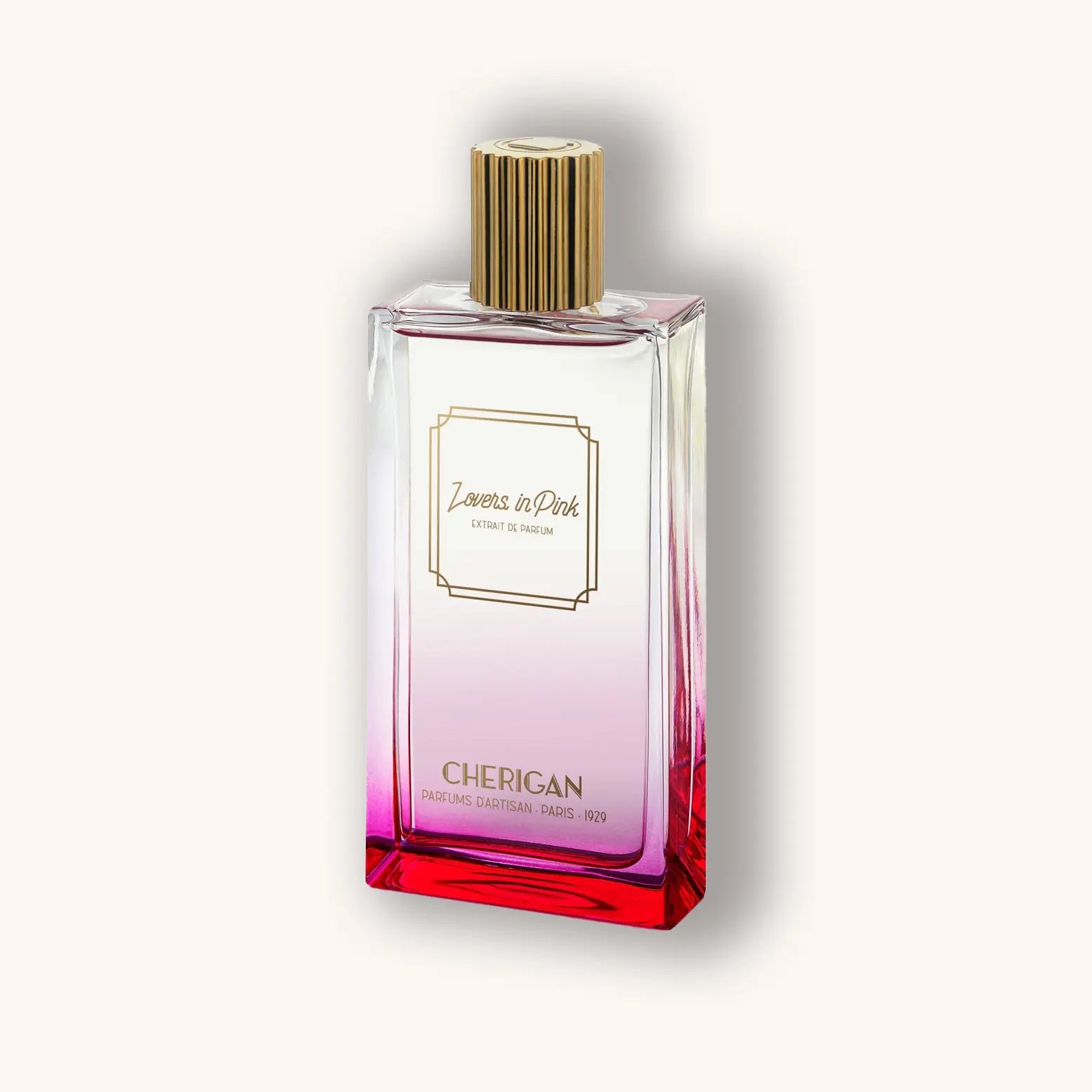 Een stijlvolle parfumflacon van 'Cherigan Lovers In Pink', met een verloop van helder naar roze, een gouden dop en een elegant label.