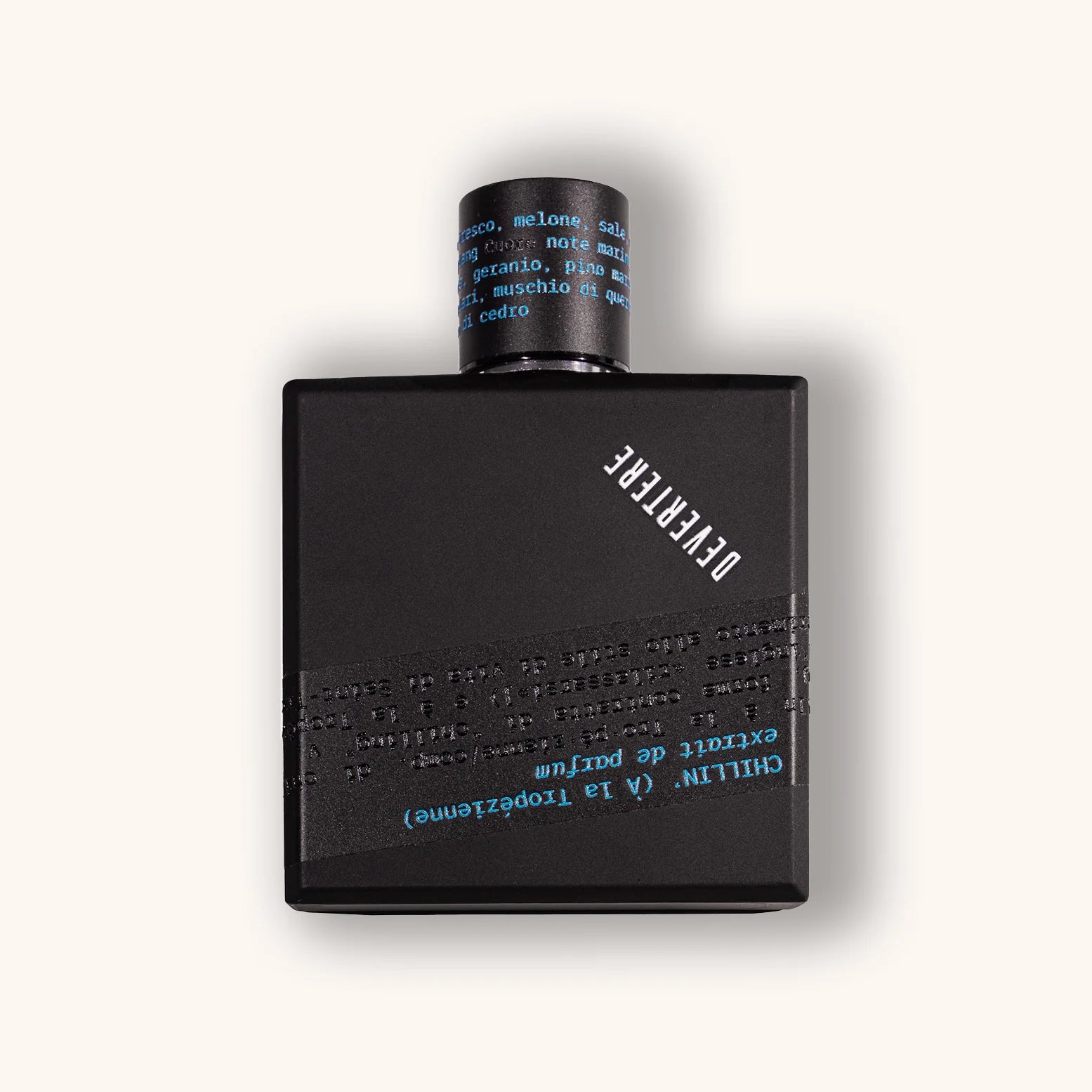 Black perfume bottle of Devertere Chillin' (à la Tropézienne) with text on a white background