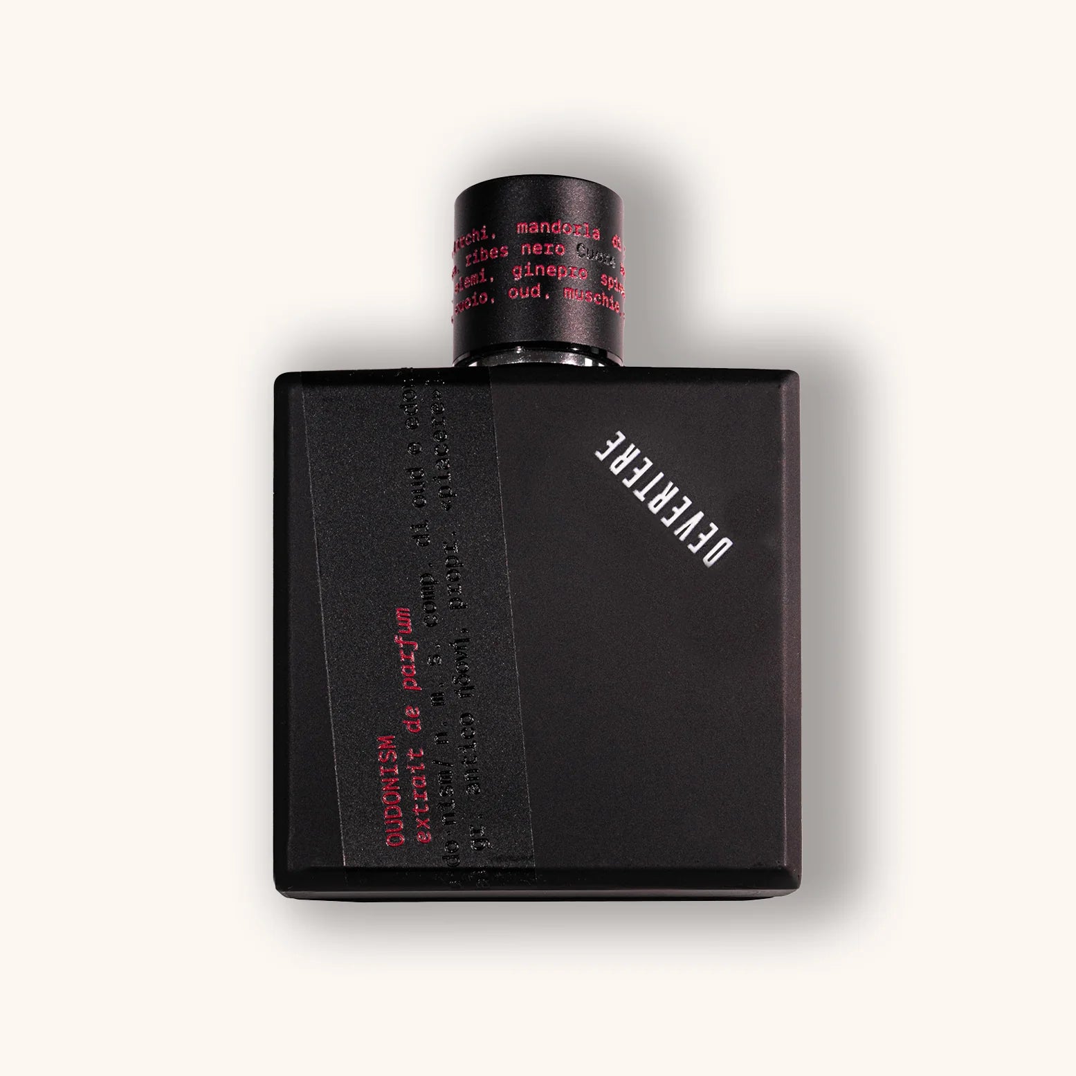 Black perfume bottle of Devertere  Oudonism with red text on a white background