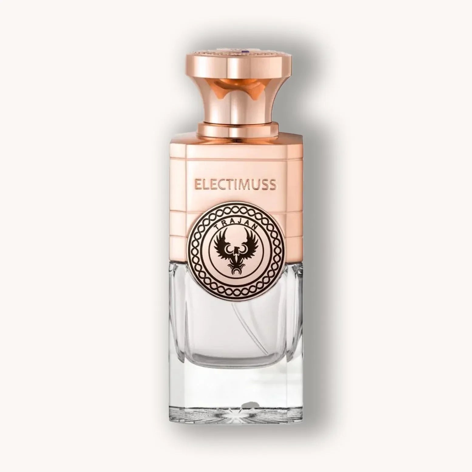 Alt text: A stylish perfume bottle of Electimuss Trajan, featuring a sleek glass design with a metallic rose gold cap and an intricate logo detail on the front.