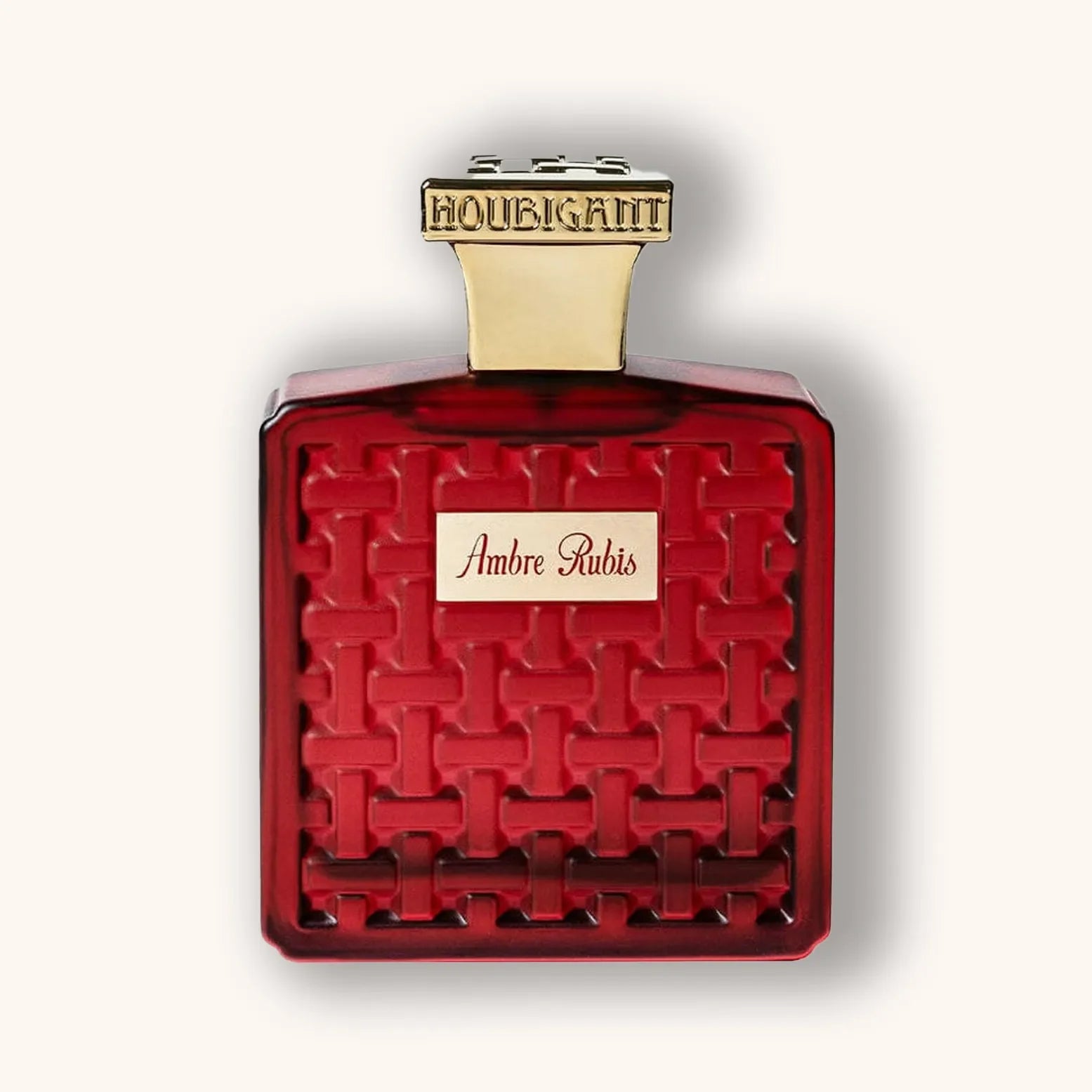 A luxurious bottle of Houbigant Ambre Rubis, featuring a striking red design with a textured pattern and a gold cap, exuding elegance and sophistication. The label displays the fragrance name "Ambre Rubis," complementing its rich appearance.