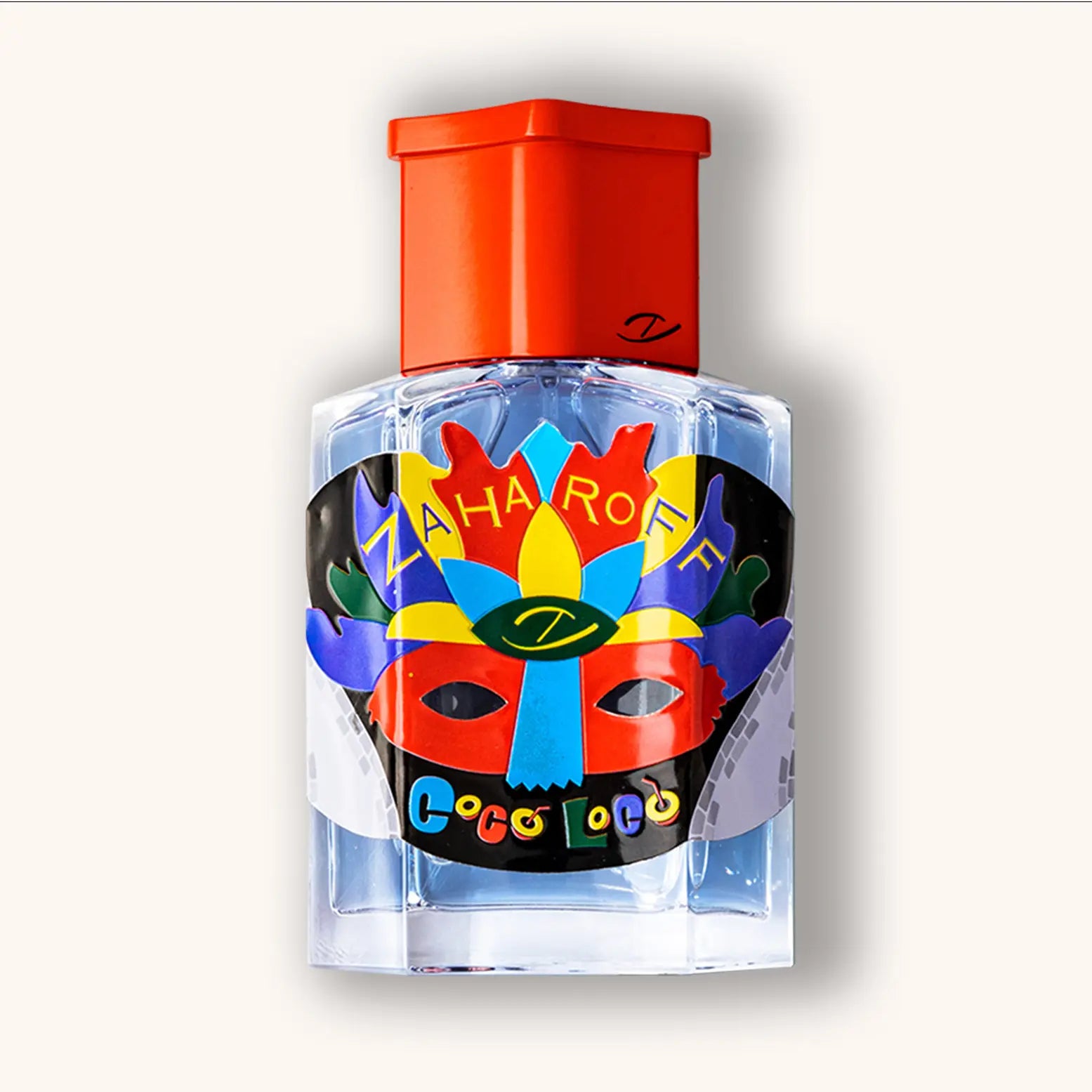 Zaharoff Signature CoCo LoCo parfumfles met felrode dop en kleurrijk maskerontwerp op het etiket, speelse en tropische geurbeleving.