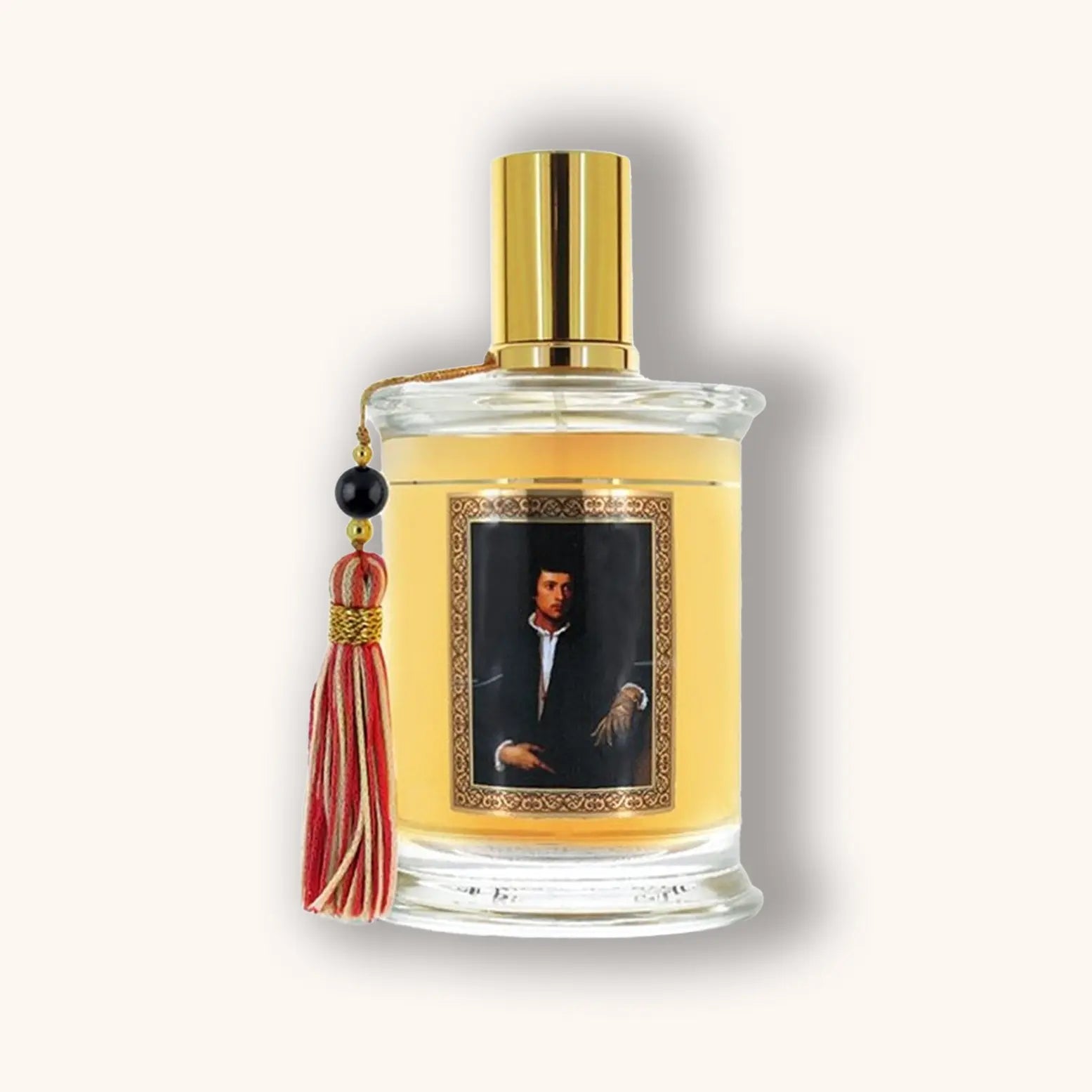 Flacon van MDCI L’Homme Aux Gants parfum met goudkleurige vloeistof en een klassiek portret van een man op het label.