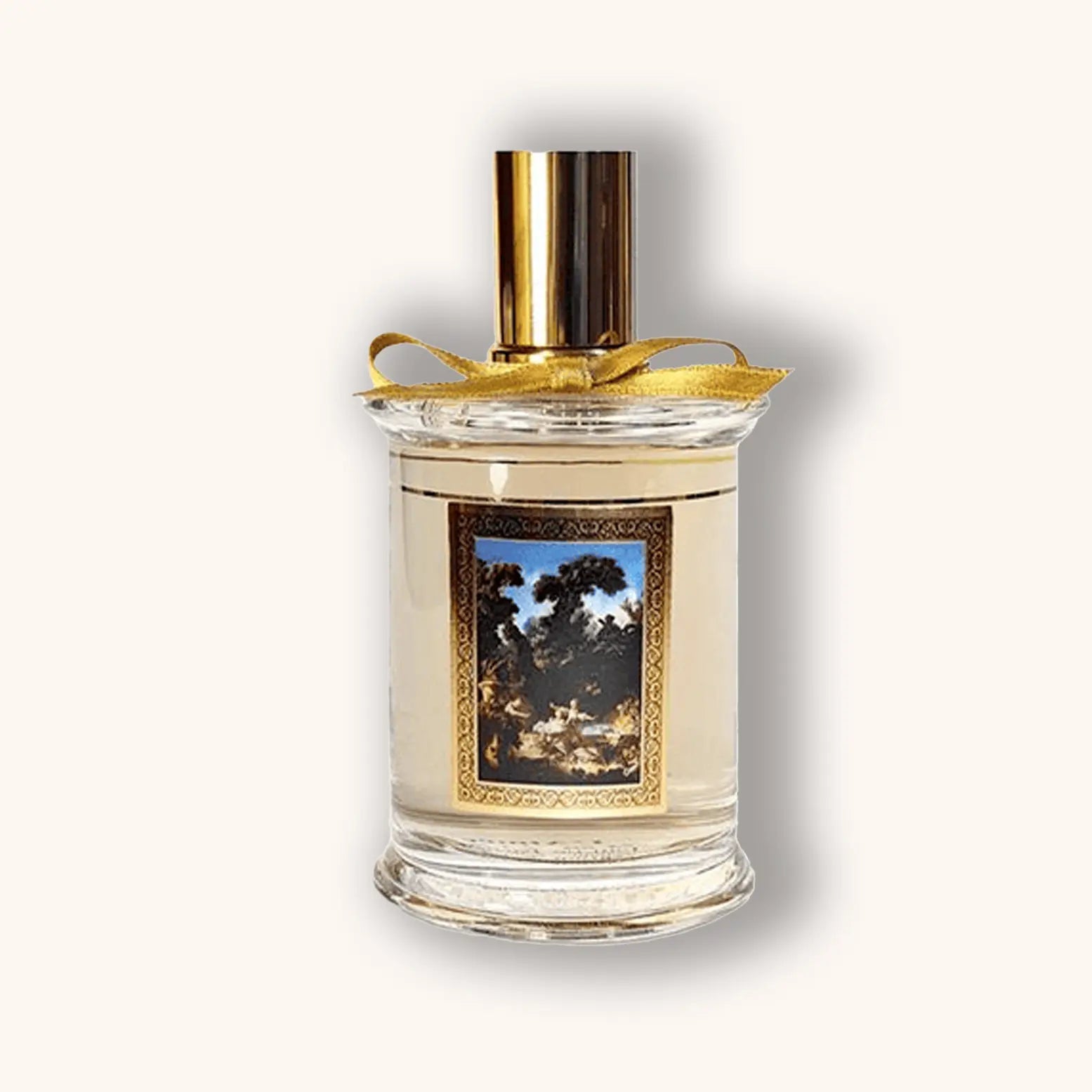 Flacon van MDCI La Surprise parfum met een etiket met barokschildering en een gouden strik.