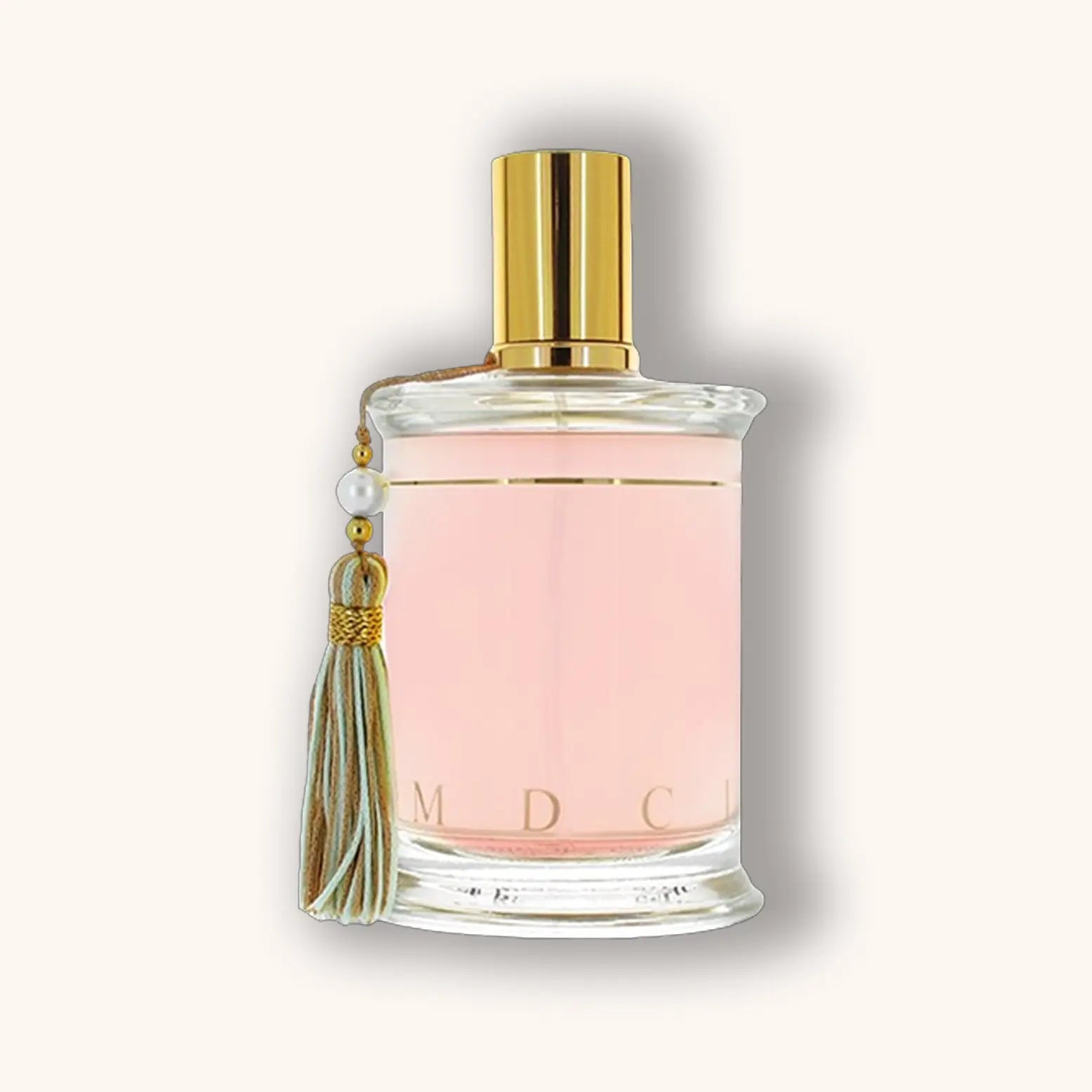 Flacon van MDCI Rose de Siwa parfum, gevuld met een zachtroze vloeistof en voorzien van een pastelkleurige groene kwast.