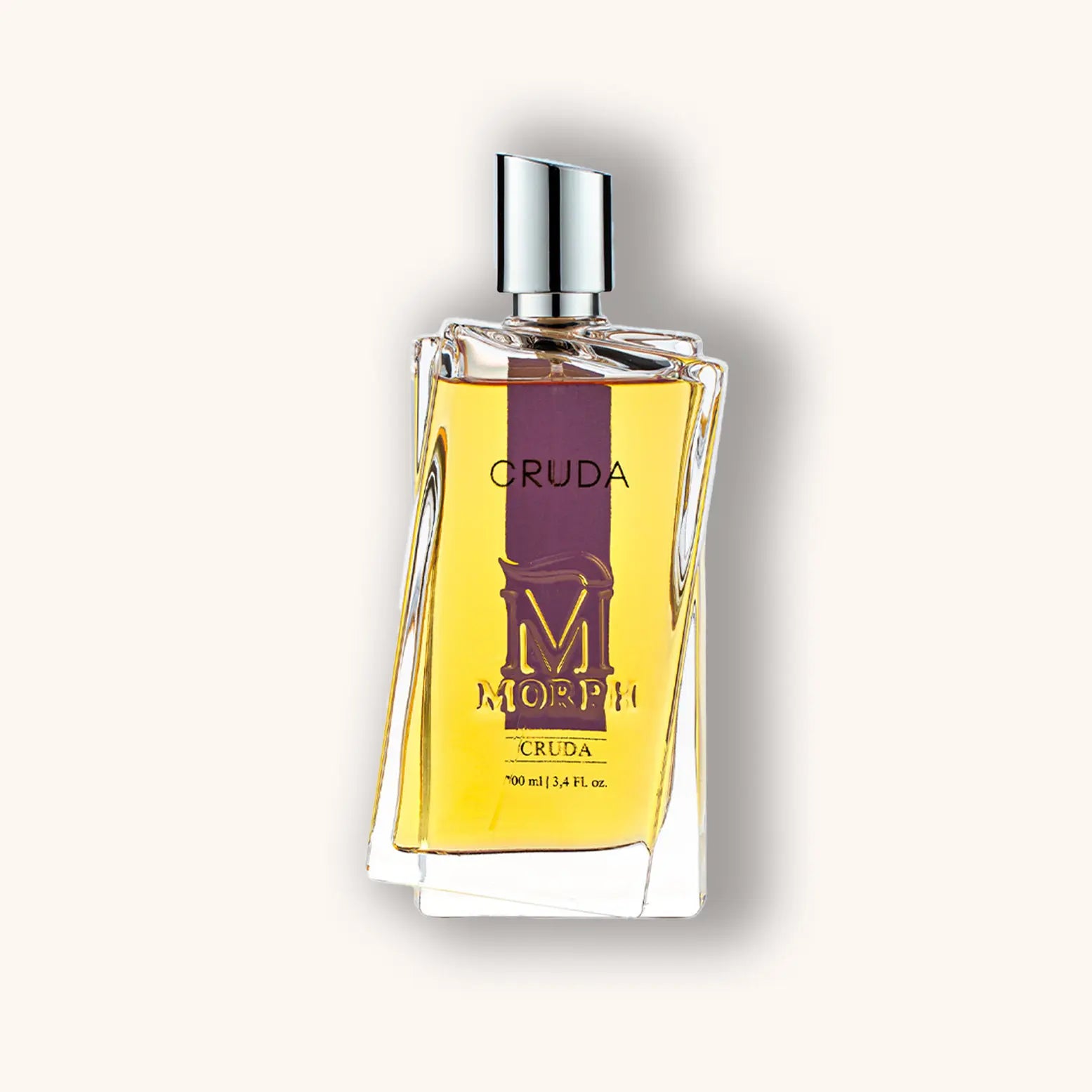 A sleek bottle of Morph Cruda perfume, showcasing a golden-yellow fragrance within a stylish, angular glass design. The label prominently features the brand logo and product name.