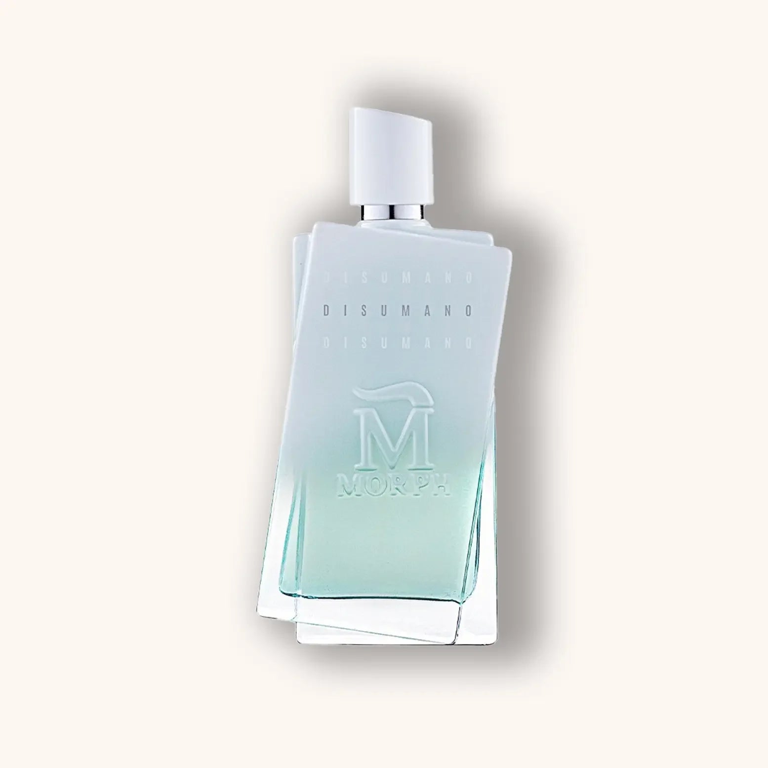 Alt text: A stylish frosted glass bottle of 'Morph Disumano' fragrance, featuring a sleek design with a gradient from clear to light blue, topped with a white cap.