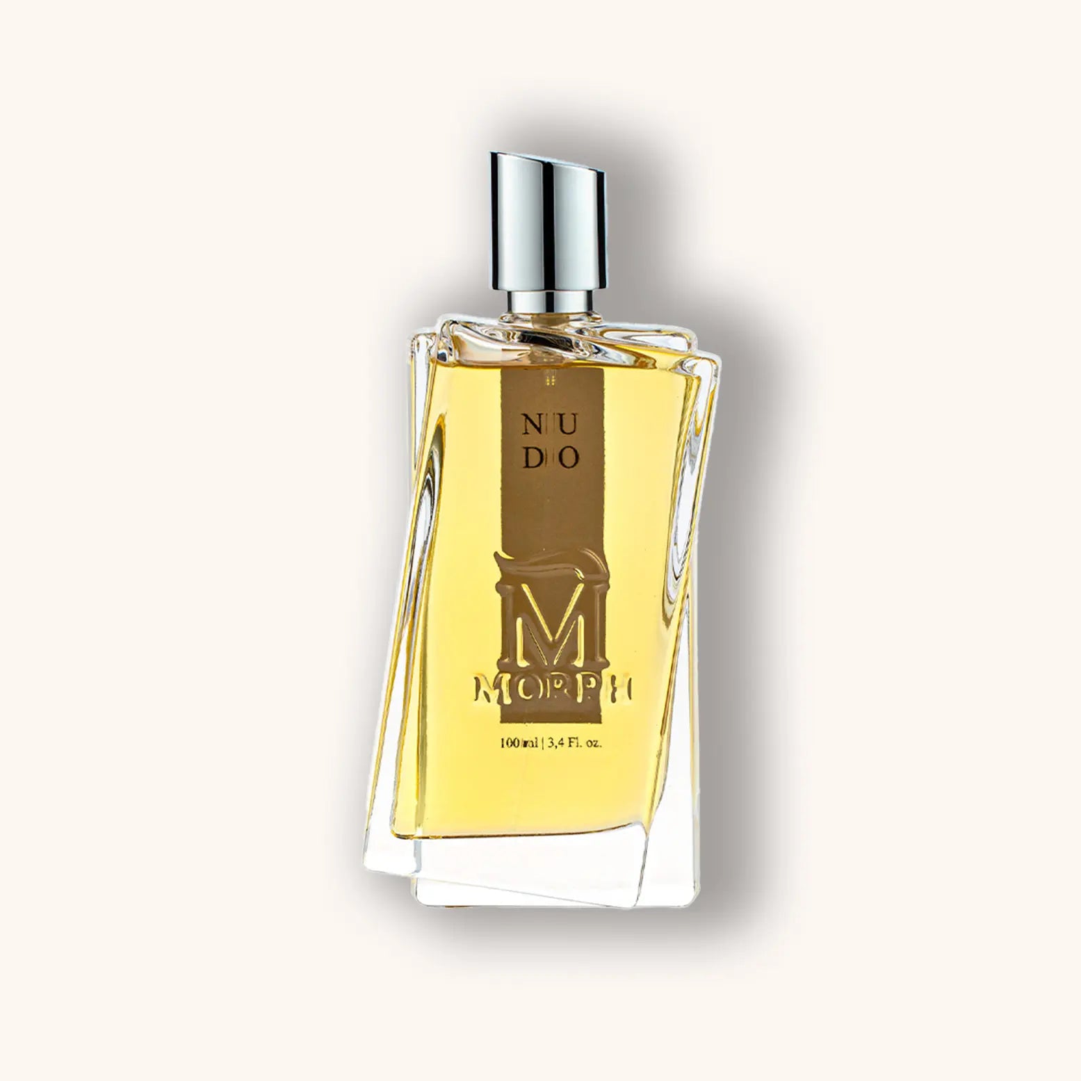 Alt text: A stylish glass bottle of Morph Nudo fragrance, featuring an elegant design with a golden liquid inside. The bottle is labeled prominently with the brand name "Morph" and the fragrance name "Nudo."