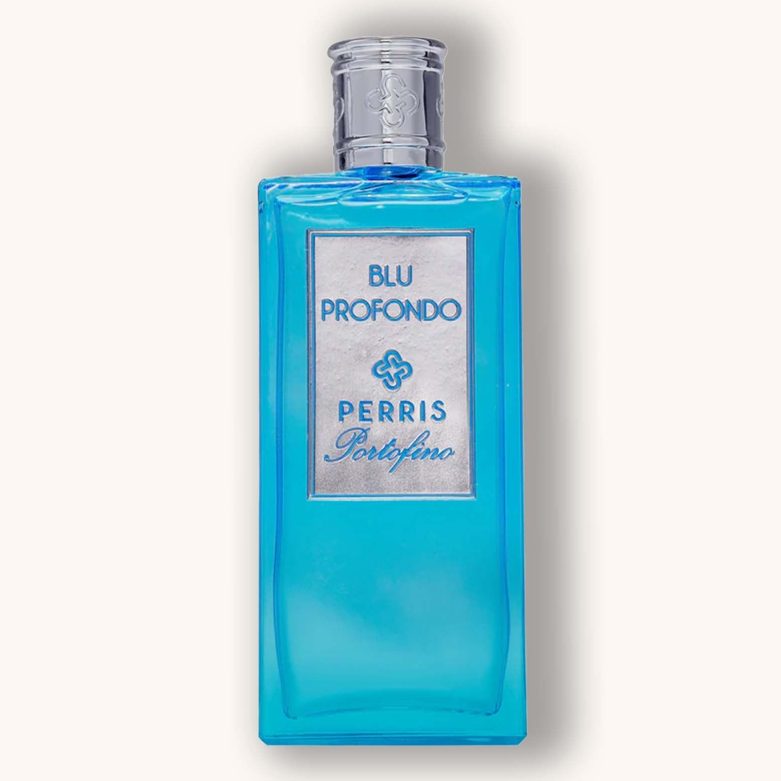 A vibrant blue bottle of "Perris Portofino Blu Profondo" fragrance, featuring a sleek design with a silver cap and an elegant label. The bold color evokes a sense of freshness and luxury.