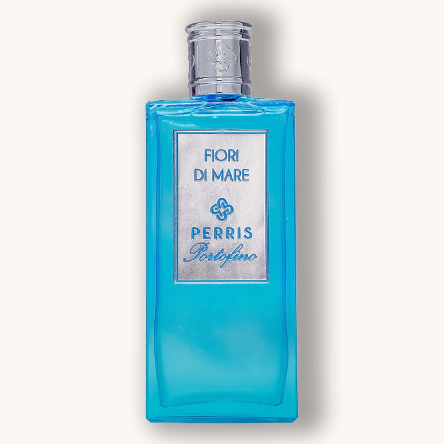 Blue glass bottle of "Perris Portofino Fiori di Mare" fragrance, featuring a sleek design and a silver label, evoking a fresh, coastal scent.