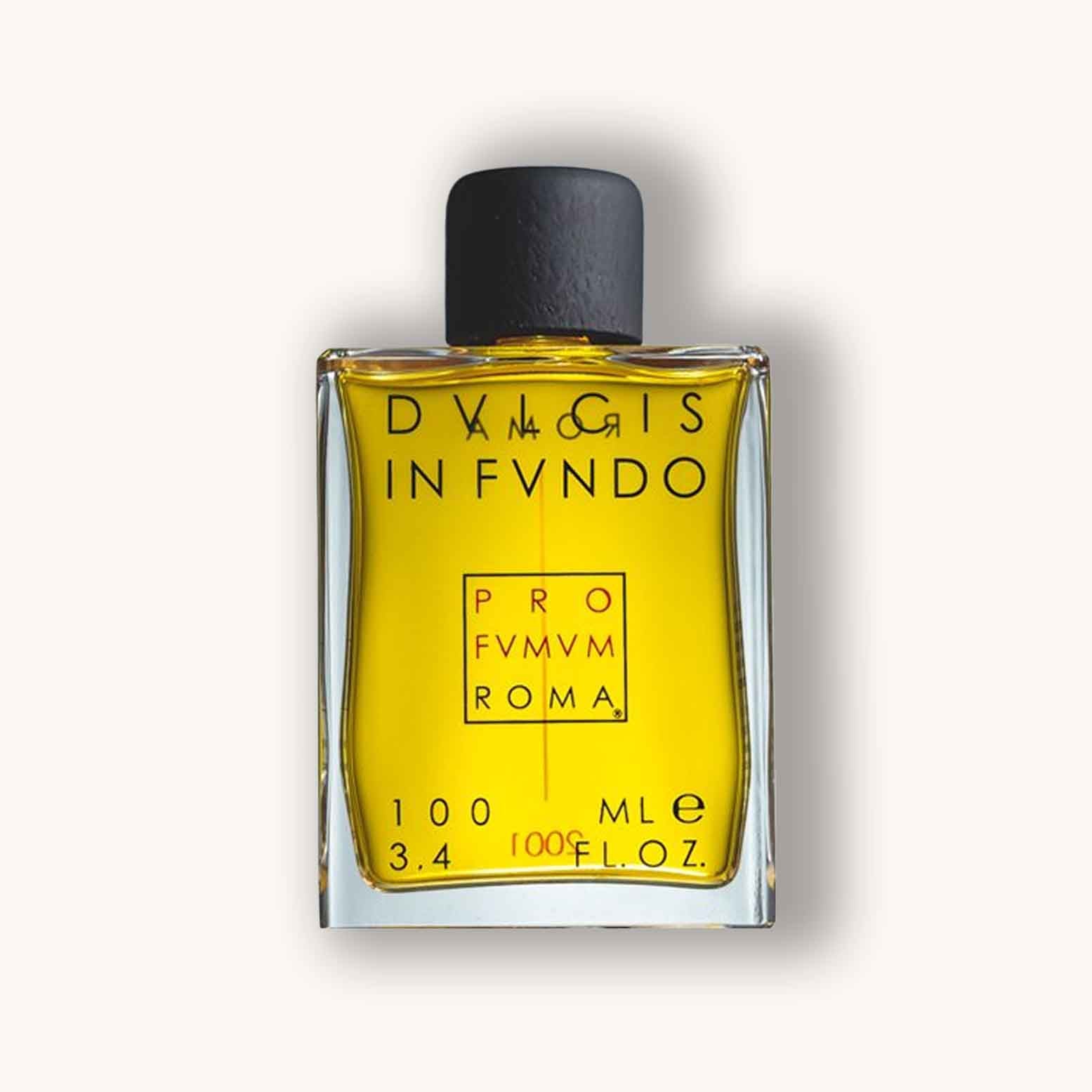 Alt text: A rectangular glass bottle of Profumum Roma Dulcis in Fundo perfume, showcasing a vibrant yellow liquid and featuring a stylish black cap. The label displays the brand name and fragrance details in a minimalist design.