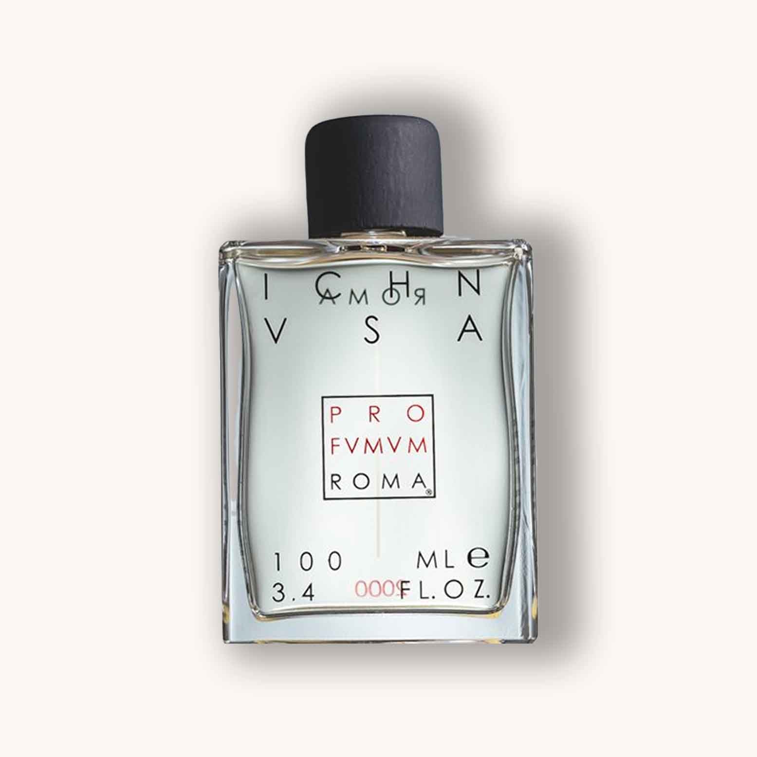 Alt text: A stylish bottle of Profumum Roma Ichnusa, featuring a clean, minimalist design with a square shape and a black cap. The label displays the fragrance name and brand in elegant typography.
