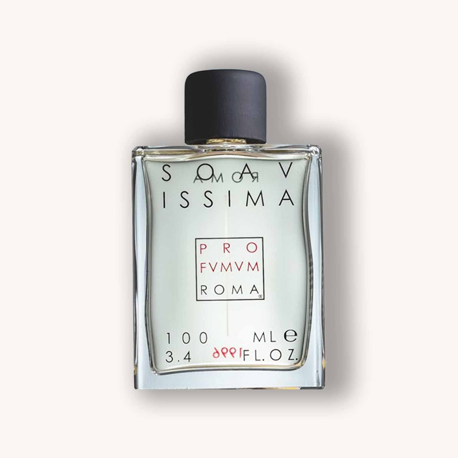 Alt tag: A clear glass bottle of Profumum Roma Soavissima fragrance, featuring a sleek design and black cap, containing 100 ml of the elegant scent.