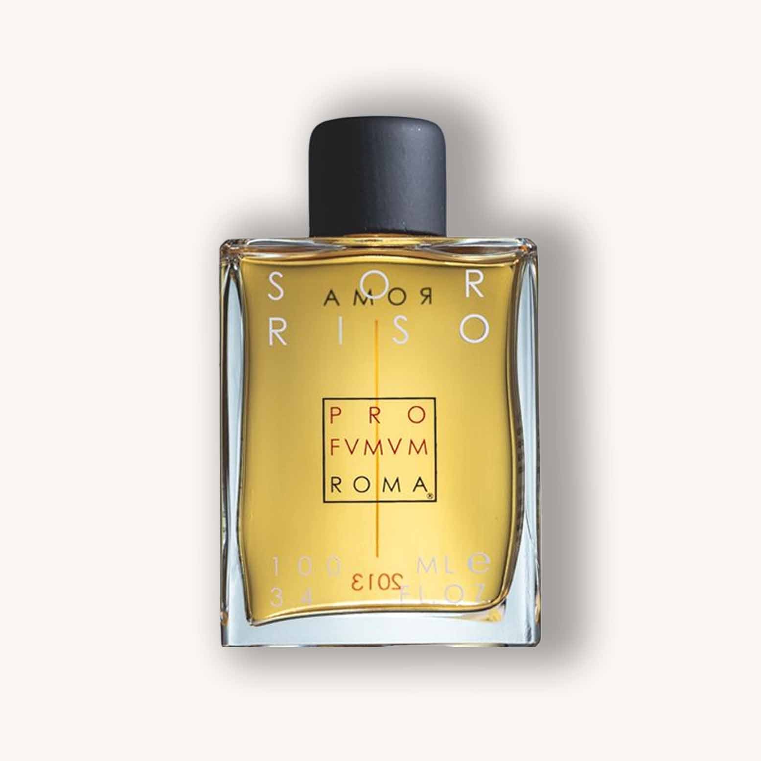 Alt text: A clear glass bottle of Profumum Roma Sorriso, containing a golden perfume liquid, with a black cap and minimalist label design. The bottle holds 100ml of fragrance.